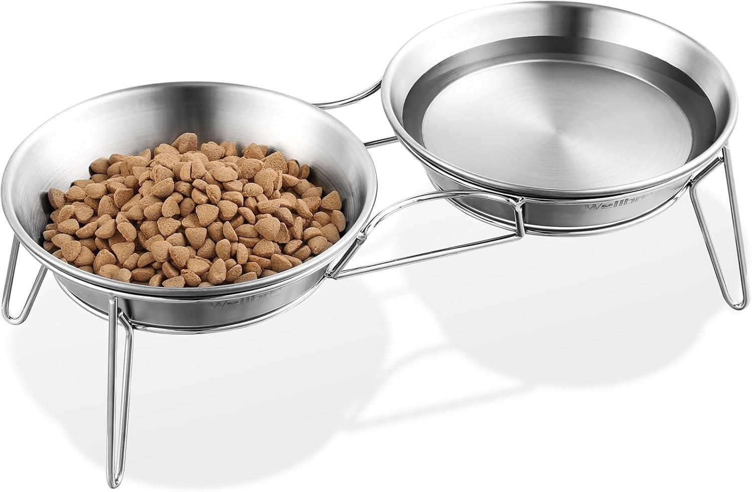 Elevated Cat Bowls, 5.9 Inch Wide Stainless Steel Cat Food Bowls with Metal Stand Whisker Stress-Free, Raised Food and Water Dish for Cats, Kitten, Puppies and Small Dogs-2 Pack
