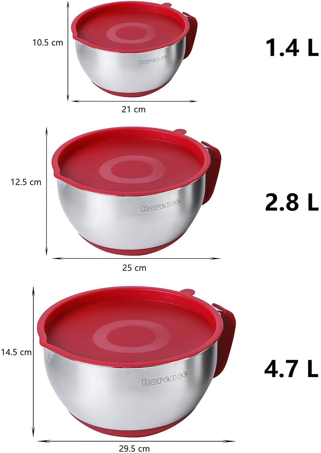 Stainless Steel Mixing Bowl Set with Red Silicone Lids