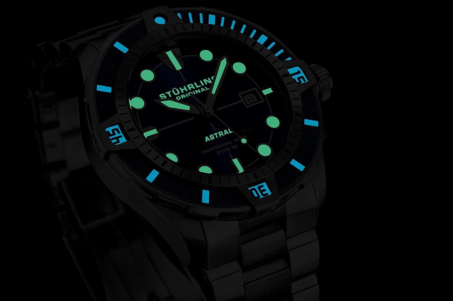 Stuhrling Mens Dive Watch with Swiss Automatic Movement Stainless Steel Case and Bracelet Screw Down Crown Water Resistant to 200 Meters