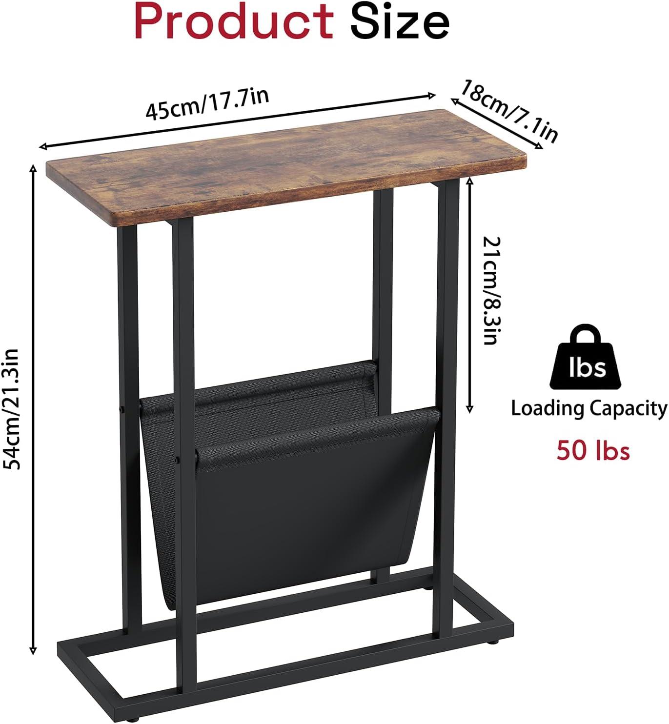 Narrow Side Table, Nightstand with Storage Shelf, Slim Magazine Table for Small Spaces, Narrow Side Snack Couch, End Table for living room, bedroom, hallway, Rustic Brown