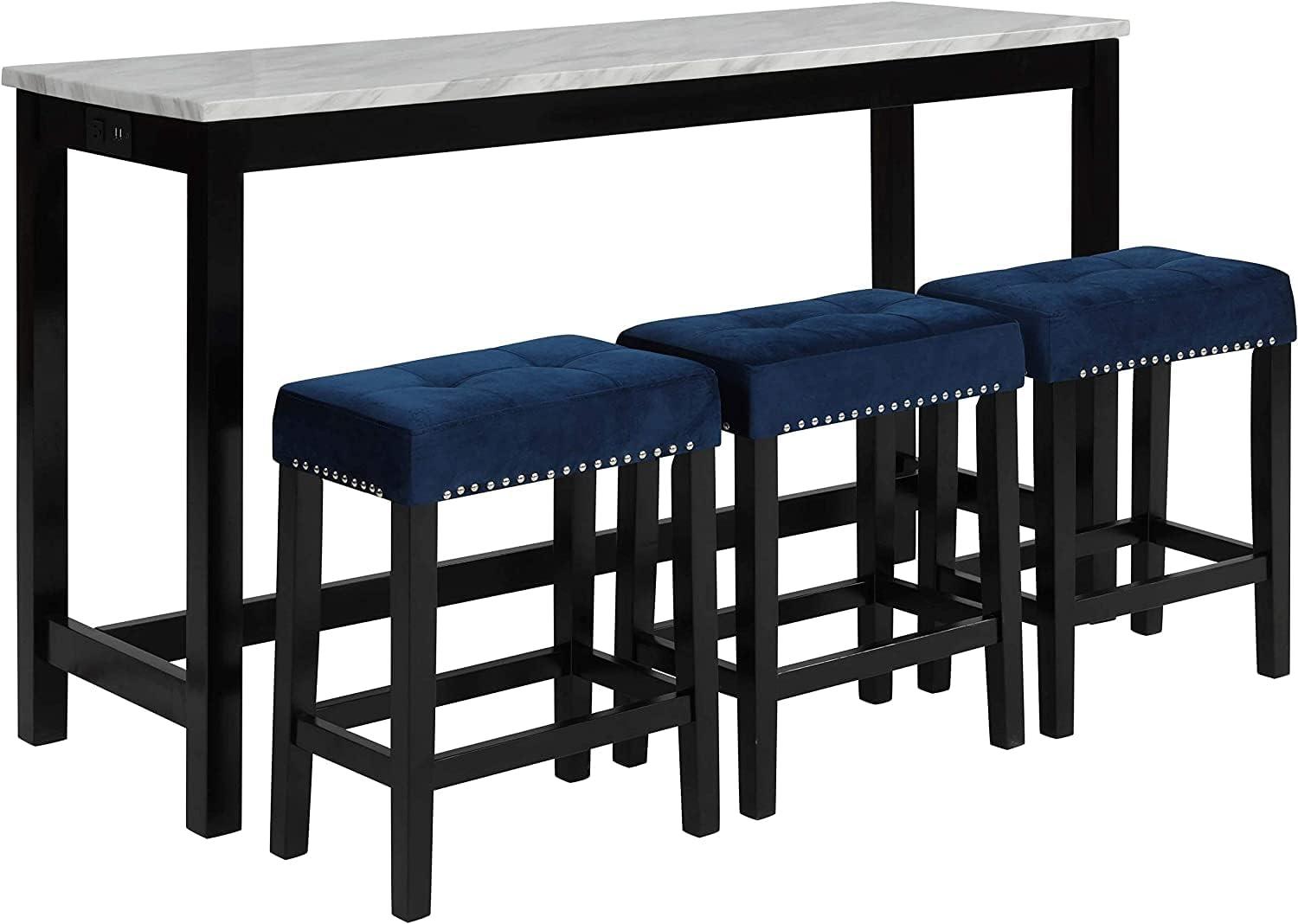 Elegant 60'' Black Transitional 4-Piece Pub Set with Faux Marble Top