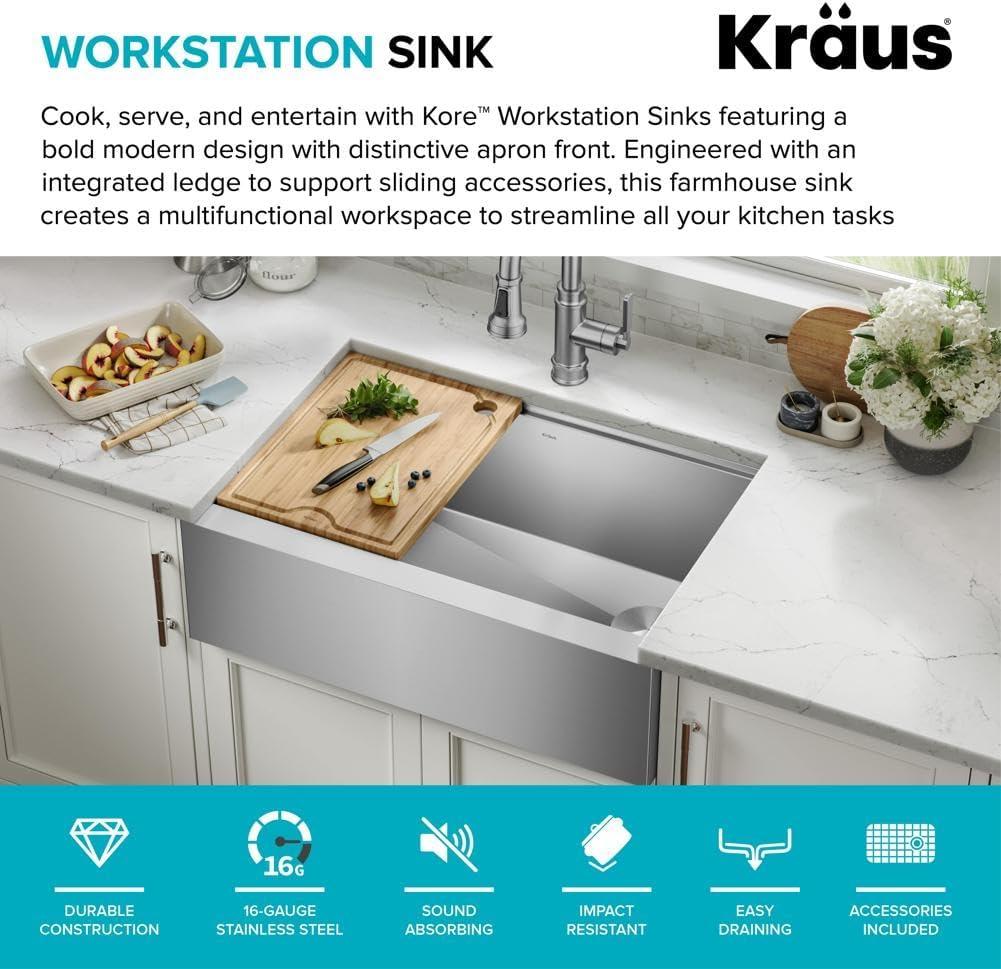 KRAUS Kore™ Workstation 30-inch L 16 Gauge Stainless Steel Single Bowl Farmhouse Kitchen Sink with Accessories