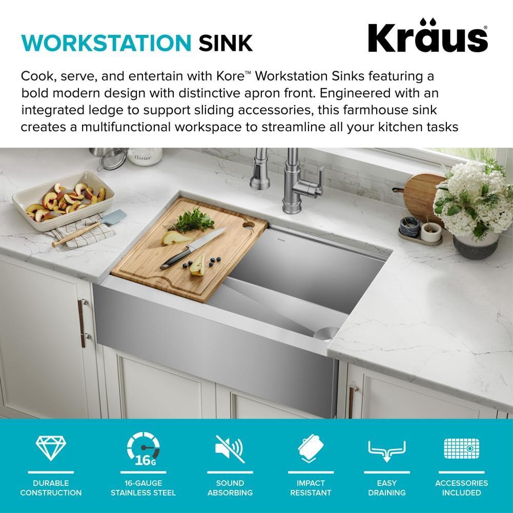 KRAUS Kore™ Workstation 30-inch L 16 Gauge Stainless Steel Single Bowl Farmhouse Kitchen Sink with Accessories