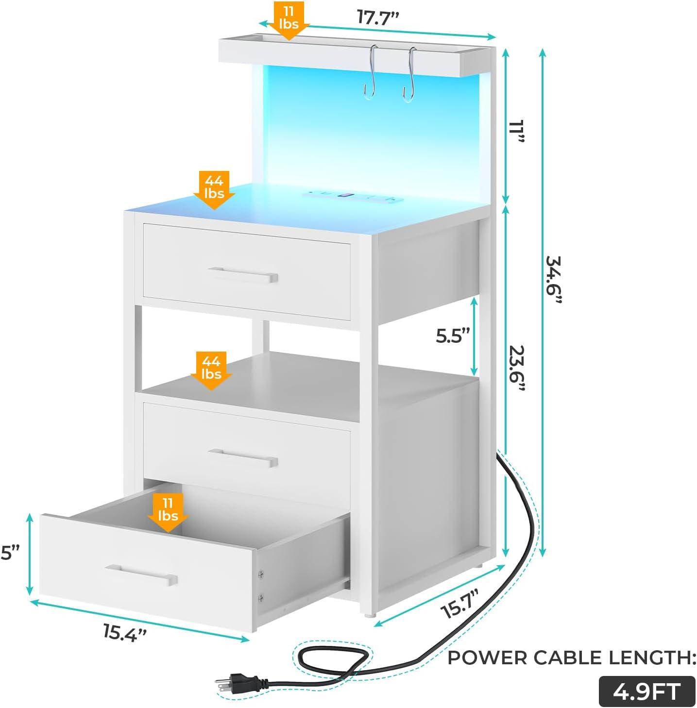 White Modern 3-Drawer Nightstand with LED Lights and Charging Station