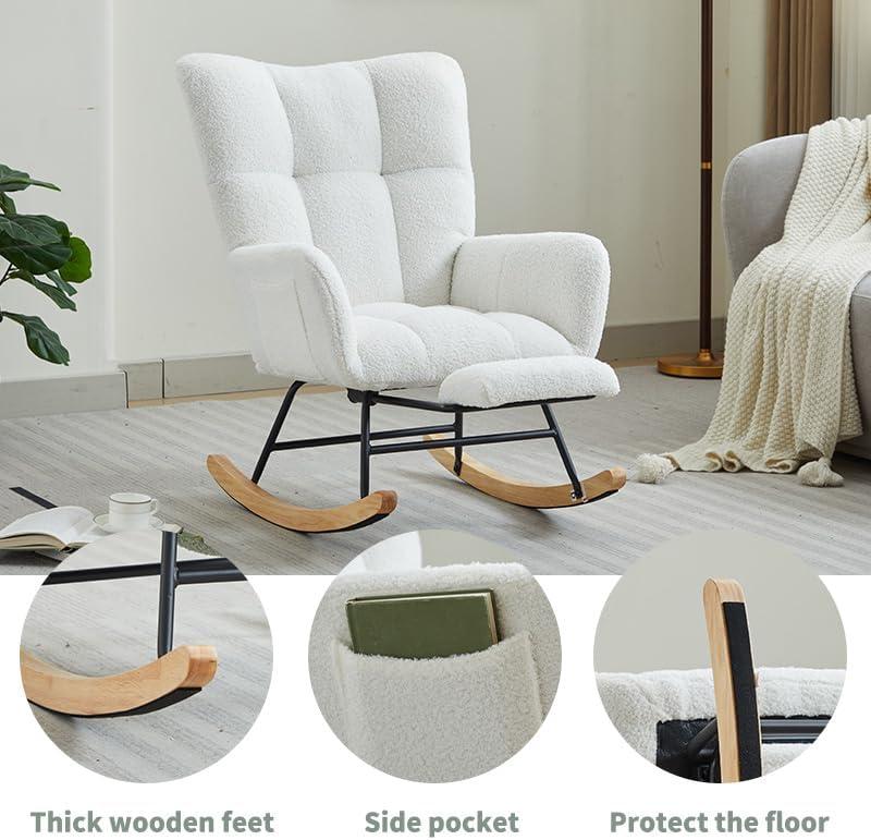 White Sherpa Upholstered Wingback Rocking Chair with Oak Legs