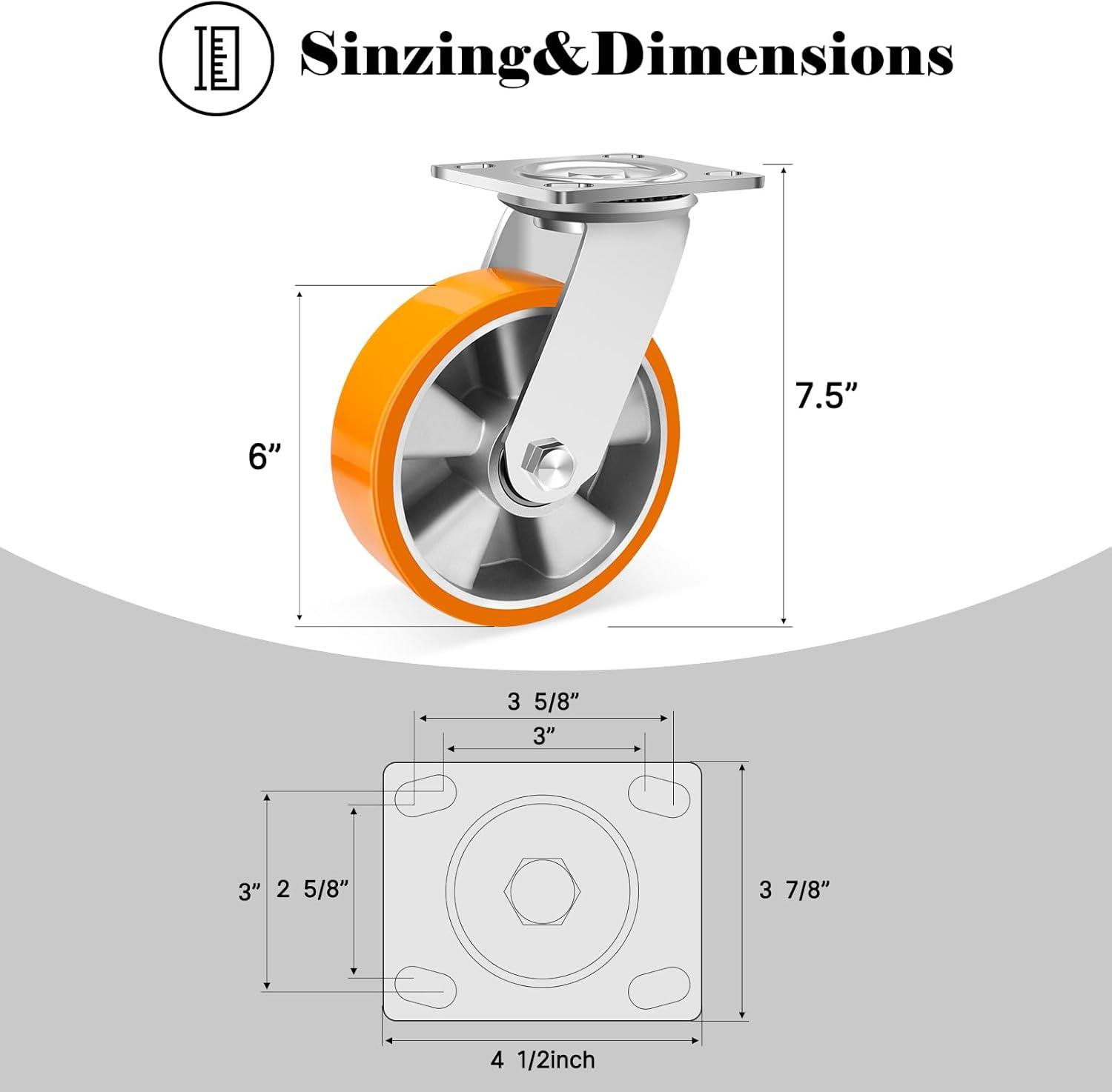 W B D WEIBIDA 6 Inch Industrial Fixed Casters (2 Pack), Maintenance-Free Polyurethane on Aluminum Wheels, Heavy Duty Casters Wheels 2500 Lbs, Industrial Rigid Casters for Hand Truck, Cabinet
