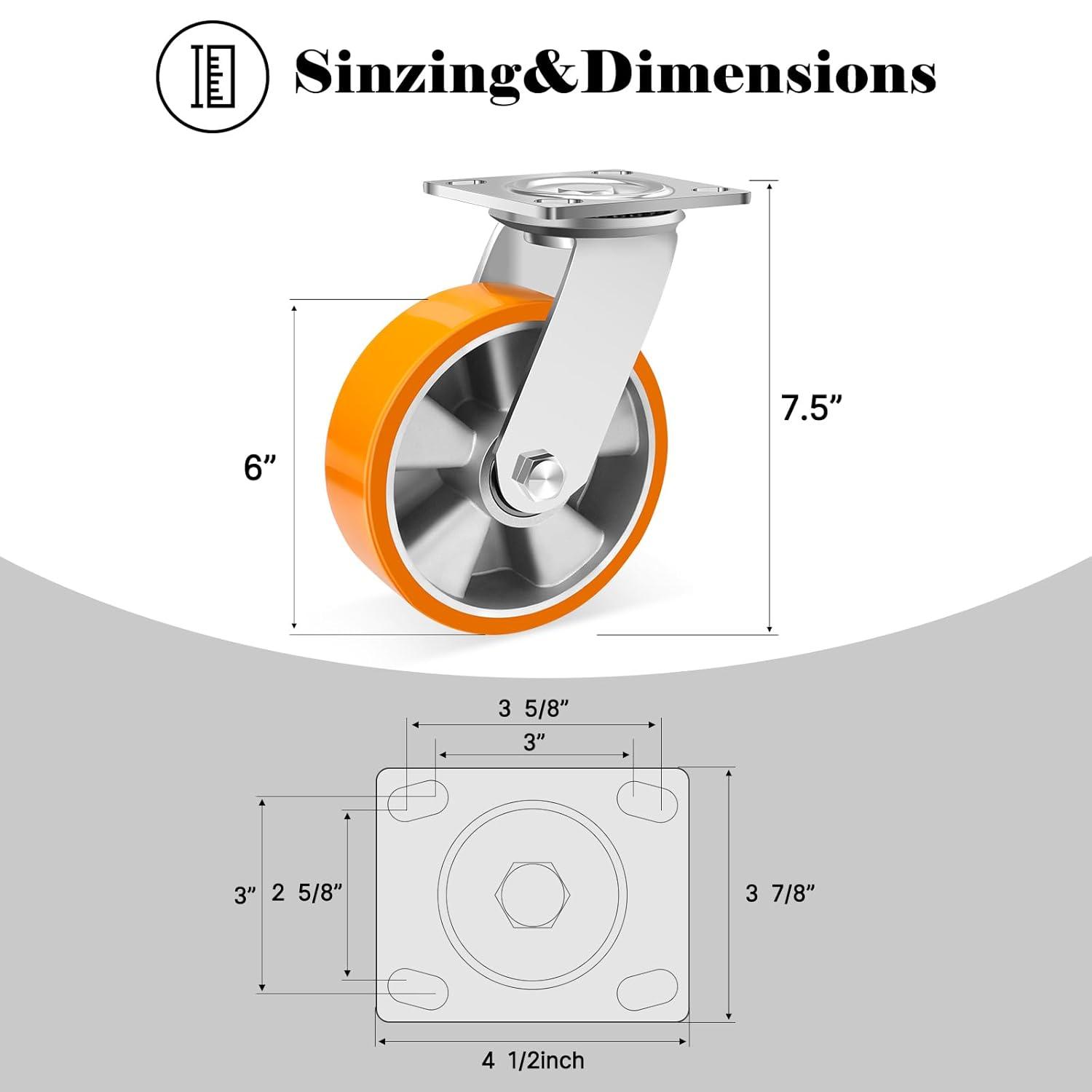 W B D WEIBIDA 6 Inch Industrial Fixed Casters (2 Pack), Maintenance-Free Polyurethane on Aluminum Wheels, Heavy Duty Casters Wheels 2500 Lbs, Industrial Rigid Casters for Hand Truck, Cabinet