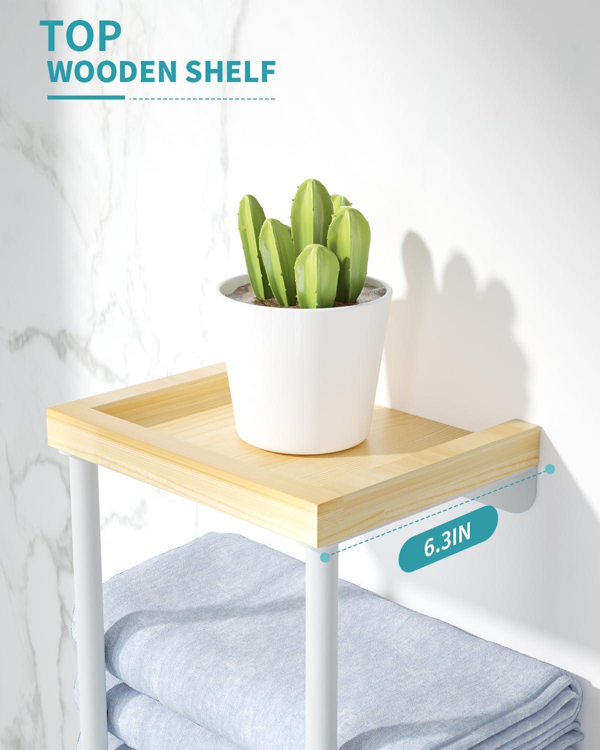 Towel Racks for Bathroom, 2 Tier Wall Towel Holder with Wood Shelf, Metal Wall Mounted Bathroom Organizers and Storage, White