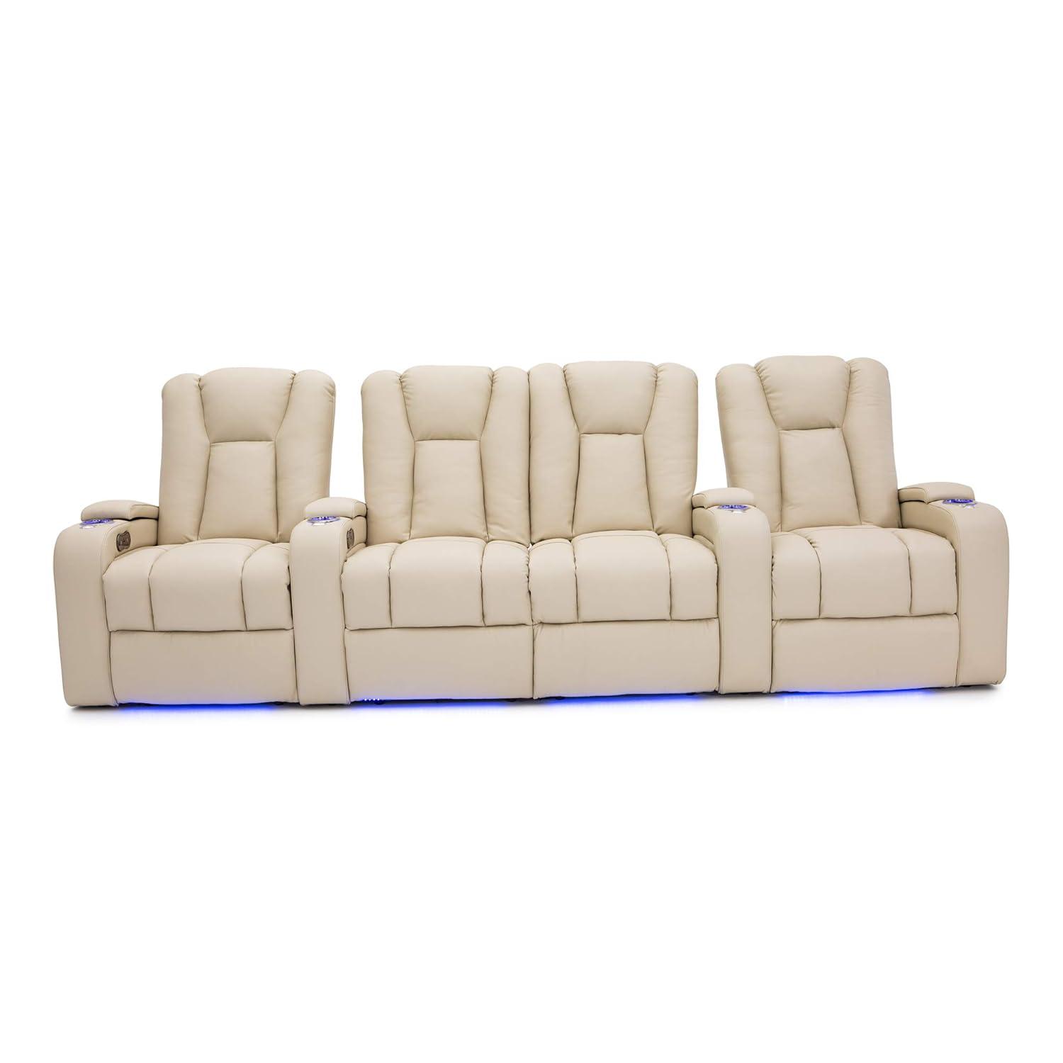 Seatcraft Serenity Italian Leather Home Theater Seating - Living Room - Power Recline - Tray Tables - in-Arm Storage - Ambient Base Lighting and Lighted Cupholders (Row of 4 Middle Loveseat, Cream)
