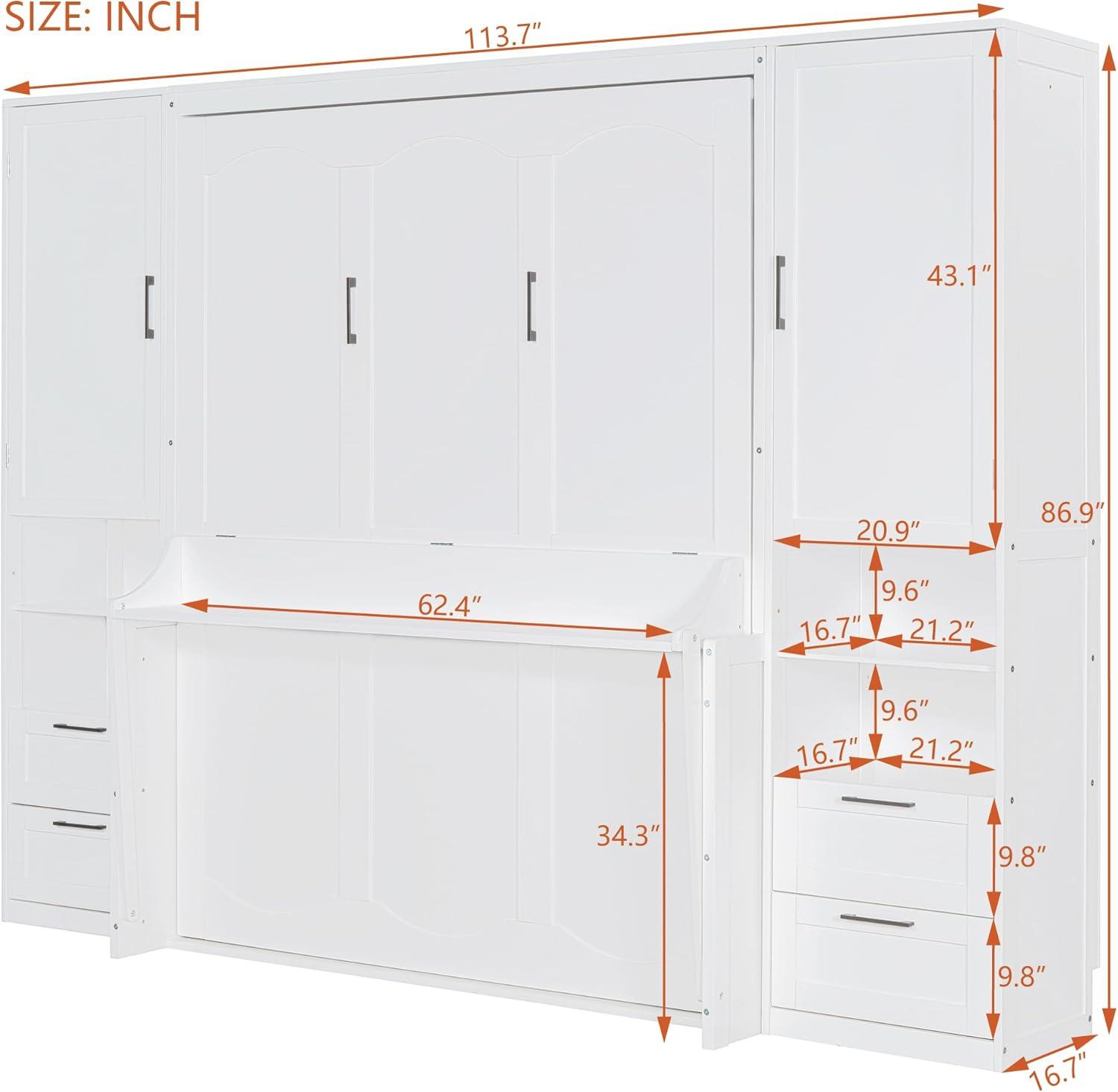 Harper & Bright Designs Queen Size Murphy Bed, Wooden Queen Wall Bed with Closet, Drawers and Shelves, White