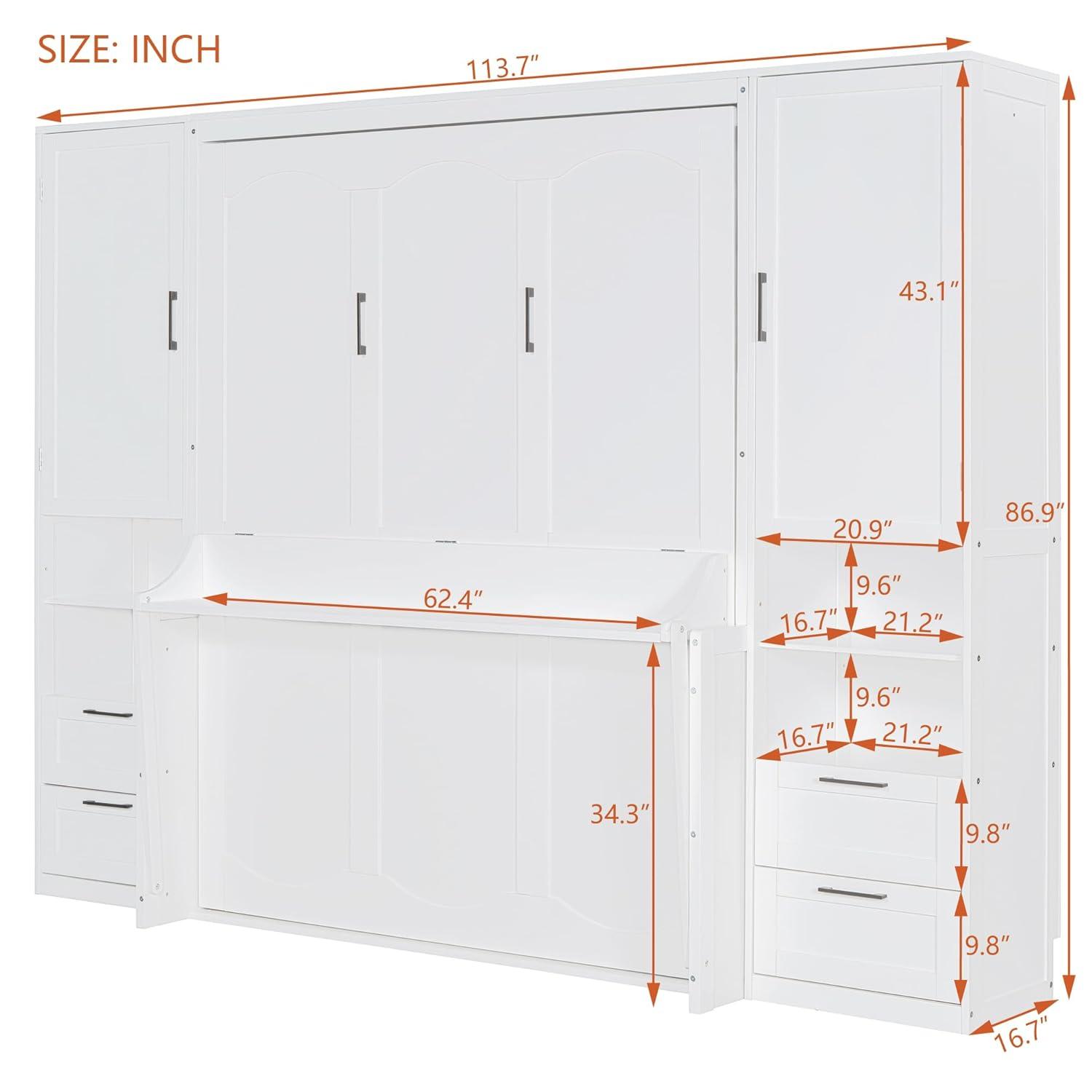 Harper & Bright Designs Queen Size Murphy Bed, Wooden Queen Wall Bed with Closet, Drawers and Shelves, White