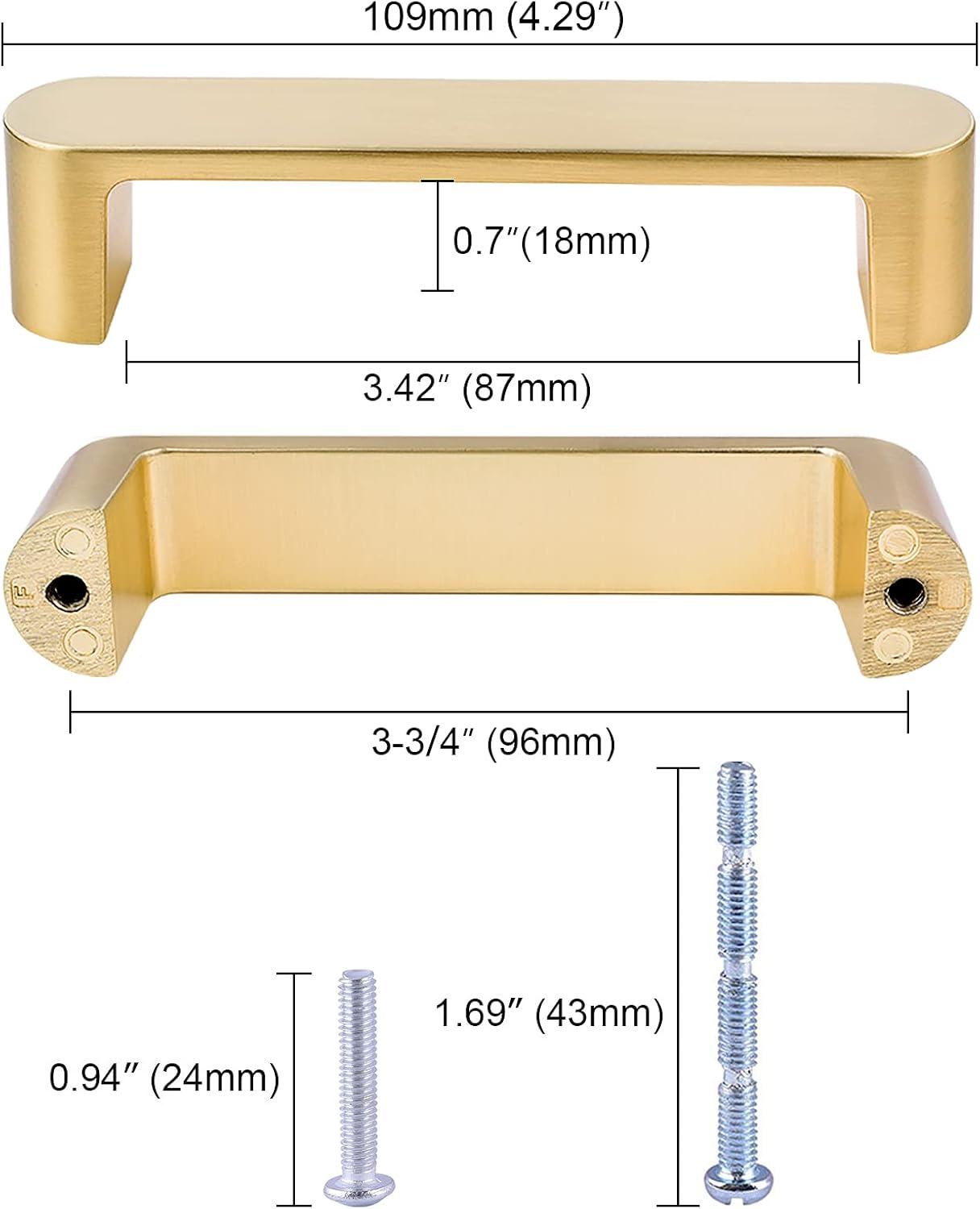 2 Pack Brushed Brass Cabinet Handles, 3-3/4" Hole Centers Drawer Pulls Solid Zinc Alloy Cabinet Pulls Furniture Kitchen Cupboard Hardware