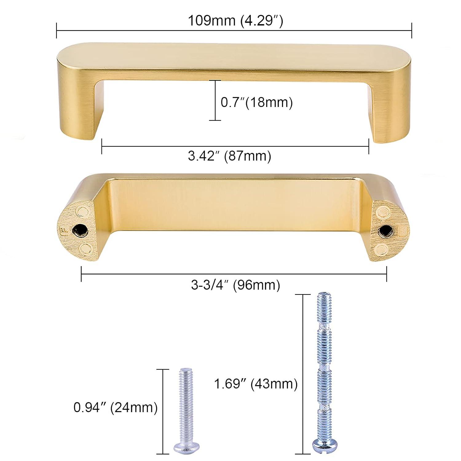 2 Pack Brushed Brass Cabinet Handles, 3-3/4" Hole Centers Drawer Pulls Solid Zinc Alloy Cabinet Pulls Furniture Kitchen Cupboard Hardware