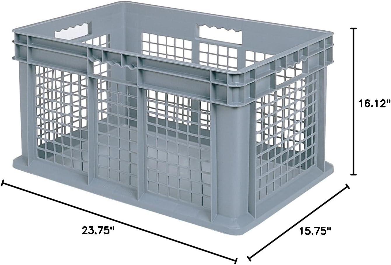 Gray Industrial Plastic Storage Tote with Mesh Sides, 24-Inch