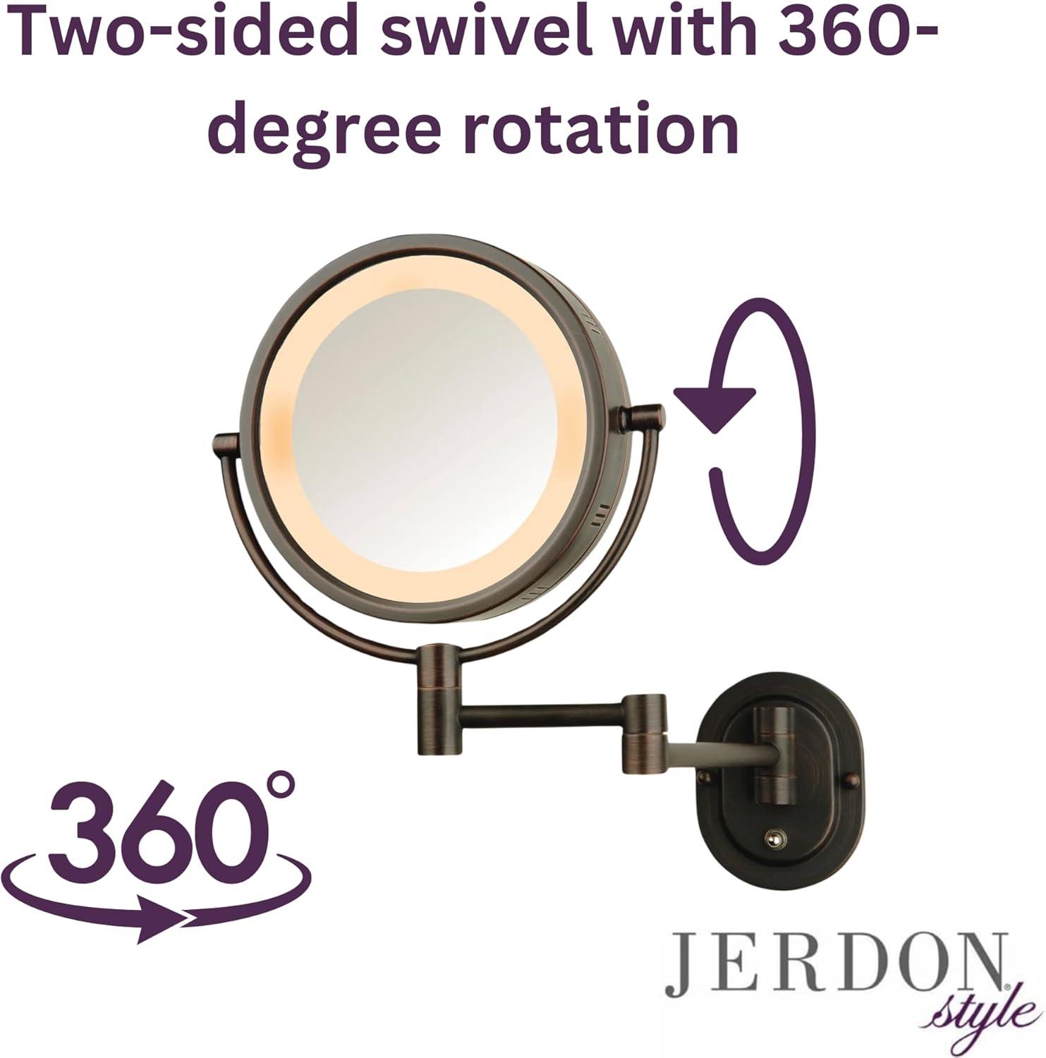 Jerdon HL65BZ 8-Inch Lighted Wall Mount Makeup Mirror with 5x Magnification, Bronze Finish