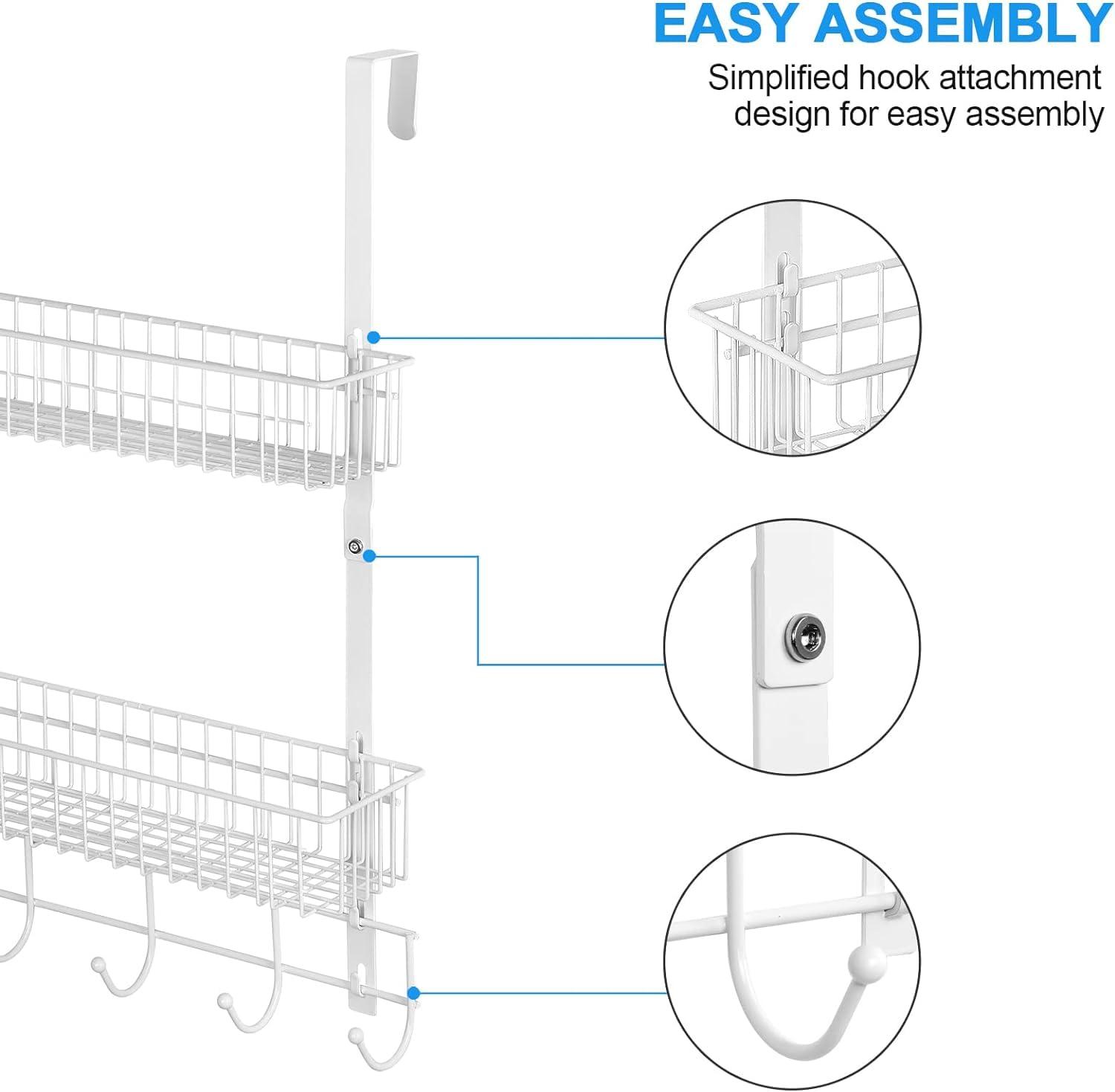 Over The Door Hooks, Door Hanger Towel Rack with 5 Coat Hooks & 2 Mesh Basket, Over Door Organizer for Bathroom, Bedroom, Kitchen, Office, Easy Installation, White