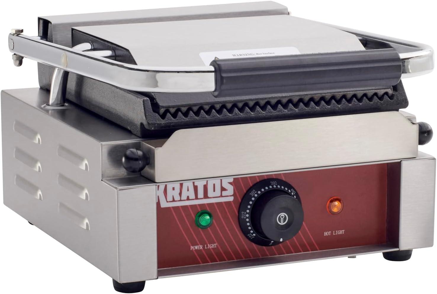 Kratos Commercial Electric Panini Sandwich Grill with Grooved Plates, 9" x 9" Cooking Surface, Commercial Countertop Panini Press, 120V, 1750W (29Y-017)