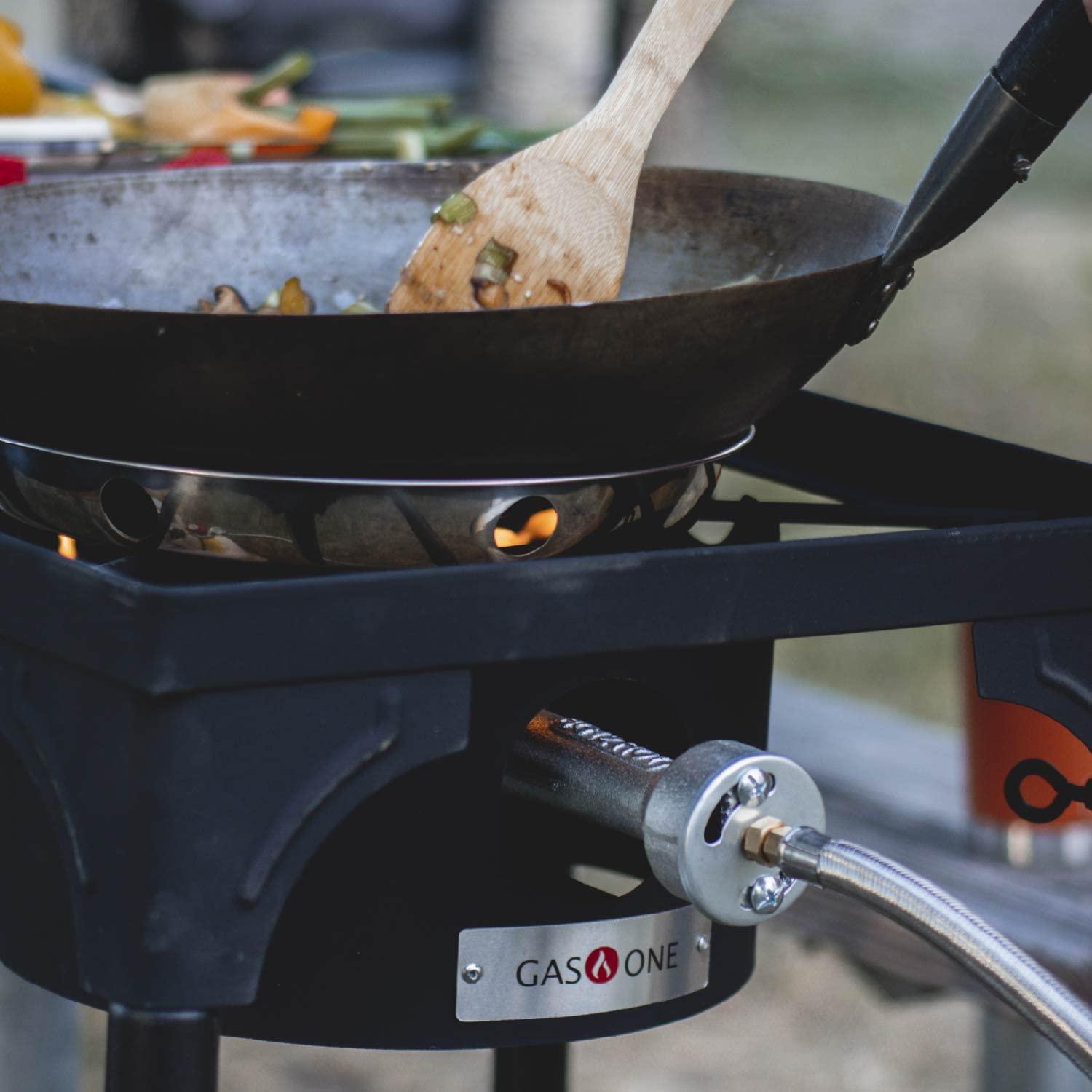 GasOne Propane Single Burner Camp Stove & Red QCC Braided Stainless Steel Regulator with Height