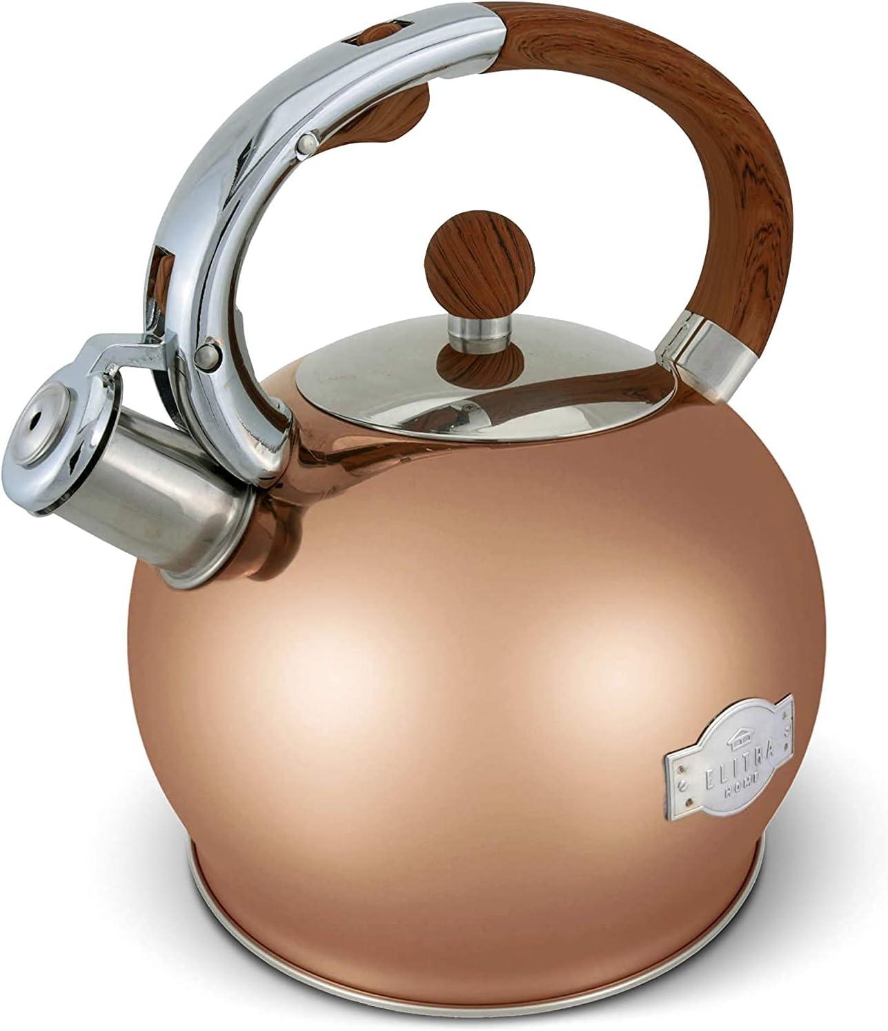 Elitra Stove Top Whistling Fancy Kettle - Stainless Steel Tea Pot with Ergonomic Handle - 2.7 Qt / 2.6 L - Rose Gold