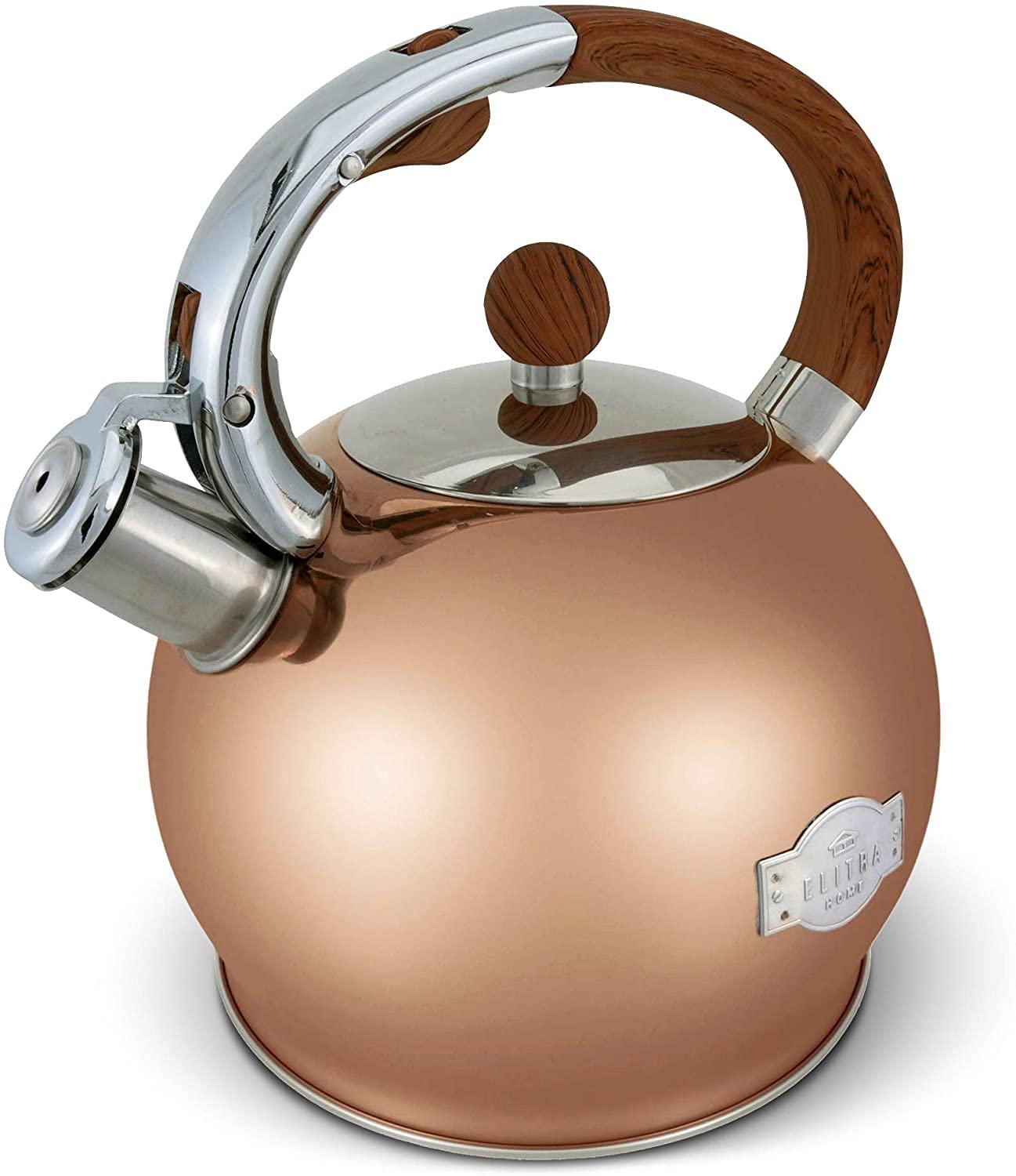 Elitra Stove Top Whistling Fancy Kettle - Stainless Steel Tea Pot with Ergonomic Handle - 2.7 Qt / 2.6 L - Rose Gold