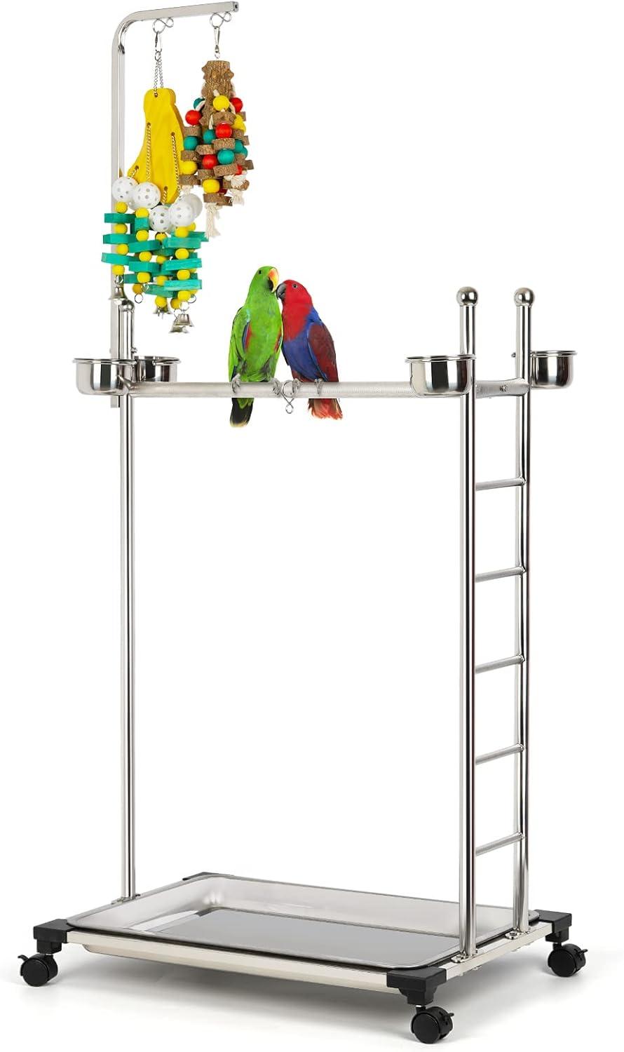 Stainless Steel 57-Inch Parrot Play Stand with Feeding Bowls