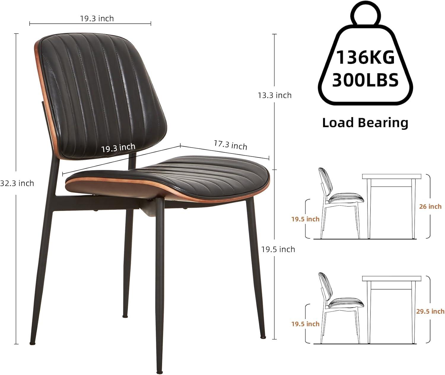 Dining Chairs Set of 2, Mid Century Modern Retro Faux Leather Chair with Walnut Bentwood Back, Upholstered Seat Metal Legs & Adjustable Foot for Kitchen Dining Room Chairs(Black PU)