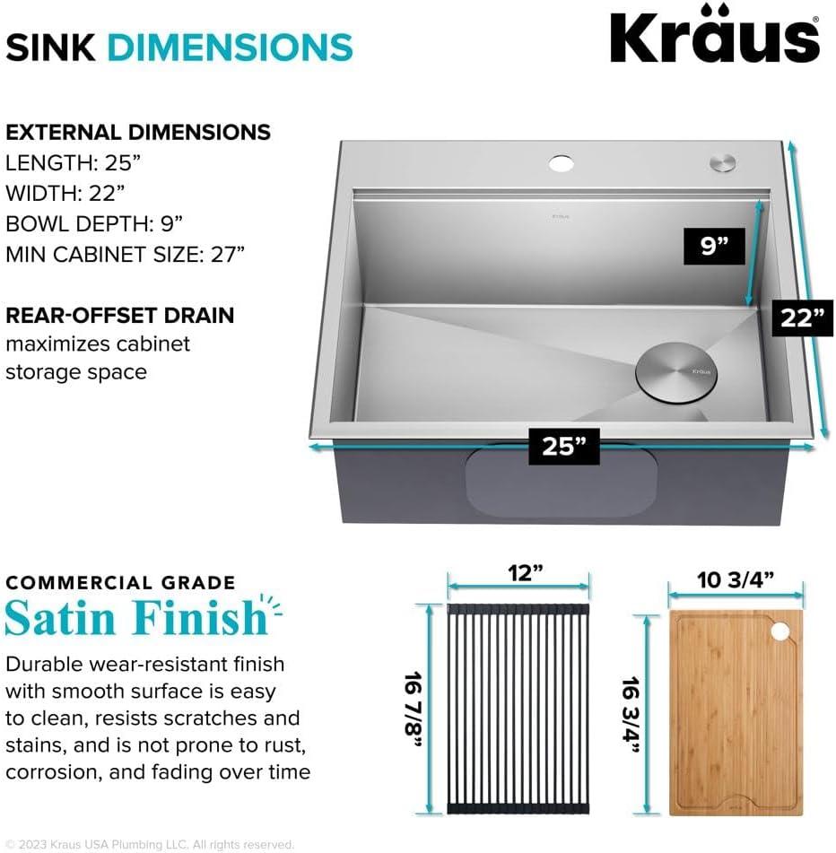Kraus KWT311-25 KRAUS Kore™ Workstation 25-inch L Drop-In 16 Gauge Single Bowl Stainless Steel Kitchen Sink with Accessories