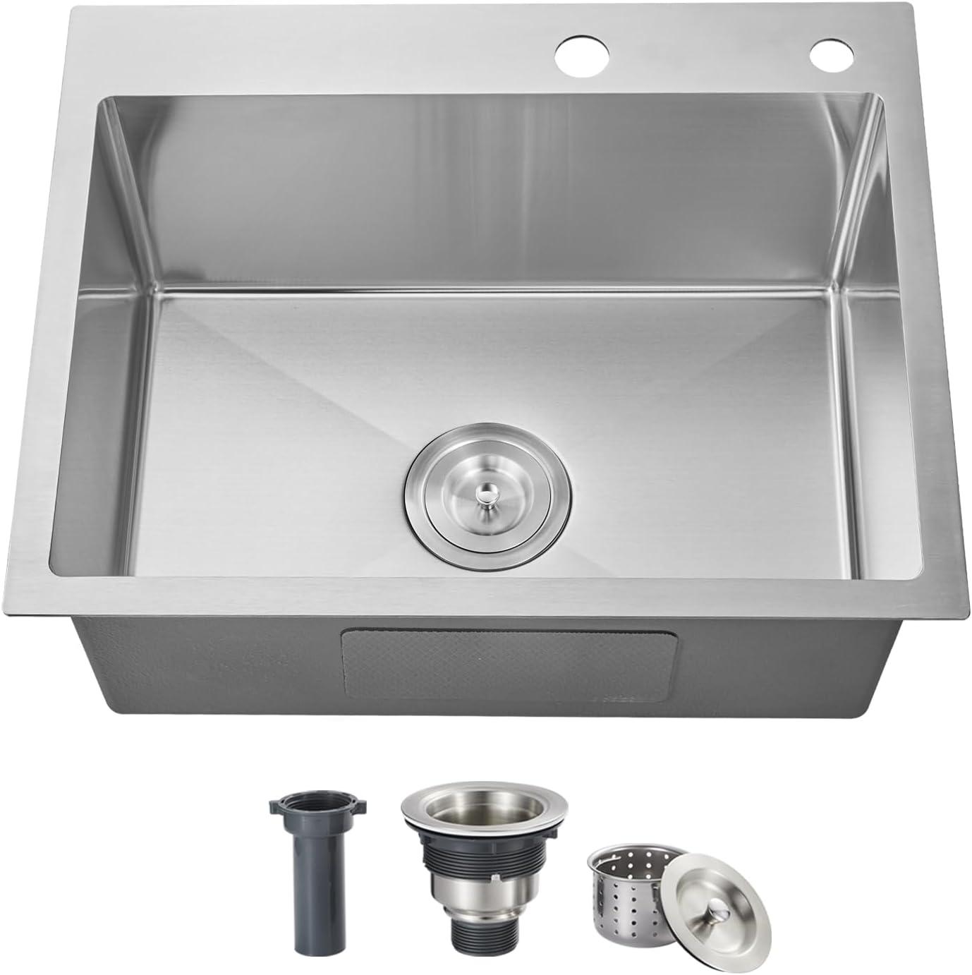 ROVOGO 24 inch Kitchen Sink Drop in, 304 Stainless Steel Single Bowl Top Mount, 9 inch Deep Modern Sink for Kitchen, Brushed, 24"x18"x9"