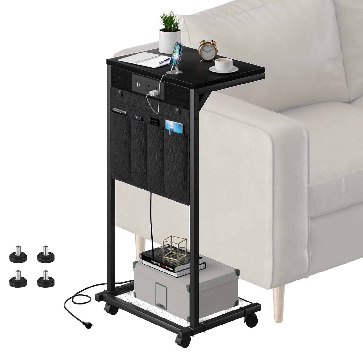 C-Shaped Side Table, Small End Table with Storage Bag, Couch Side Table with Sturdy Frame, Sturdy Slide Under Sofa Table, TV Tray Table for Living Room, Bedroom, Rustic Brown and Black BF40SF01