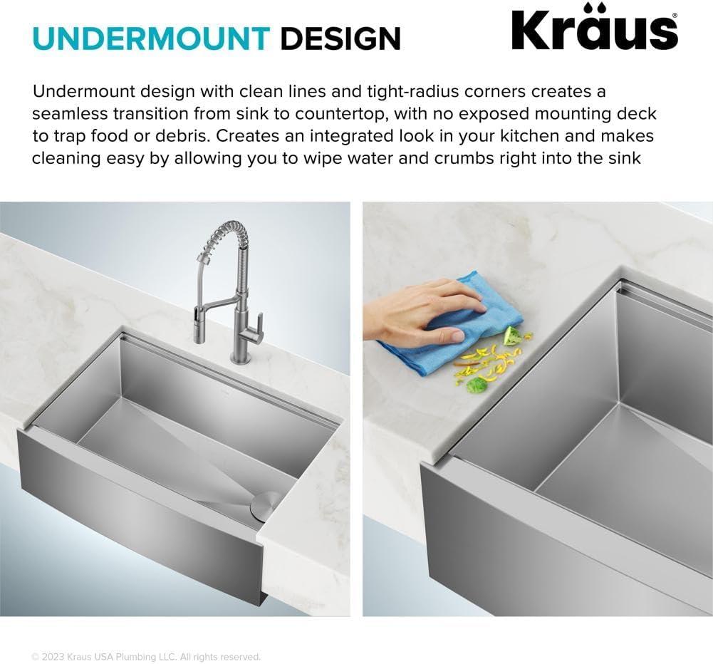 KRAUS Kore Workstation 30-inch L Farmhouse Flat Apron Front 16 Gauge Single Bowl Stainless Steel Kitchen Sink