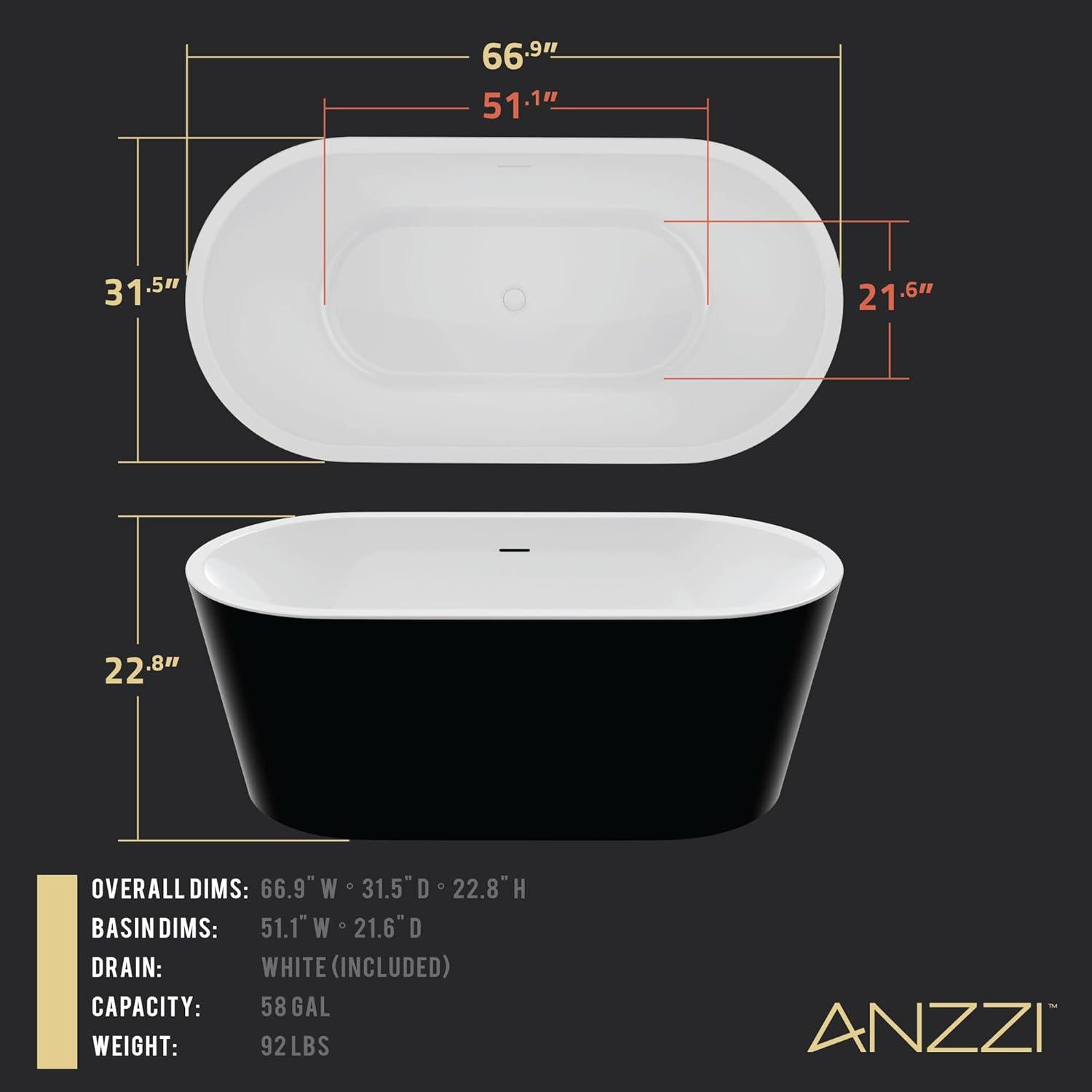 Glossy Black Acrylic Freestanding Soaking Bathtub with Overflow