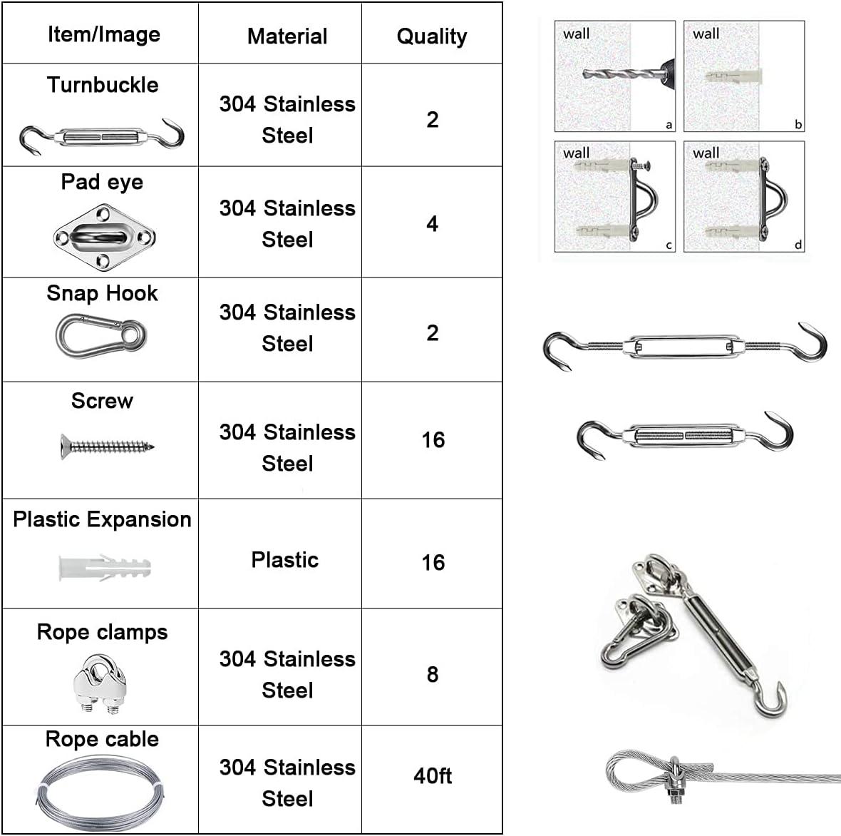 Sun Shade Hardware Kit for Rectangle and Square Sun Shade Sails Installation,5 inch Anti-Rust Sail Shade Hardware Kit with 30 ft 1/8 OD Heavy Duty Cable Wire Ropes