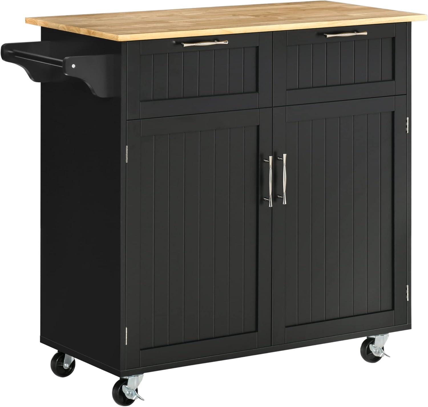 HOMCOM 41" Modern Rolling Kitchen Island on Wheels, Utility Cart Storage Trolley with Rubberwood Top & Drawers, Grey