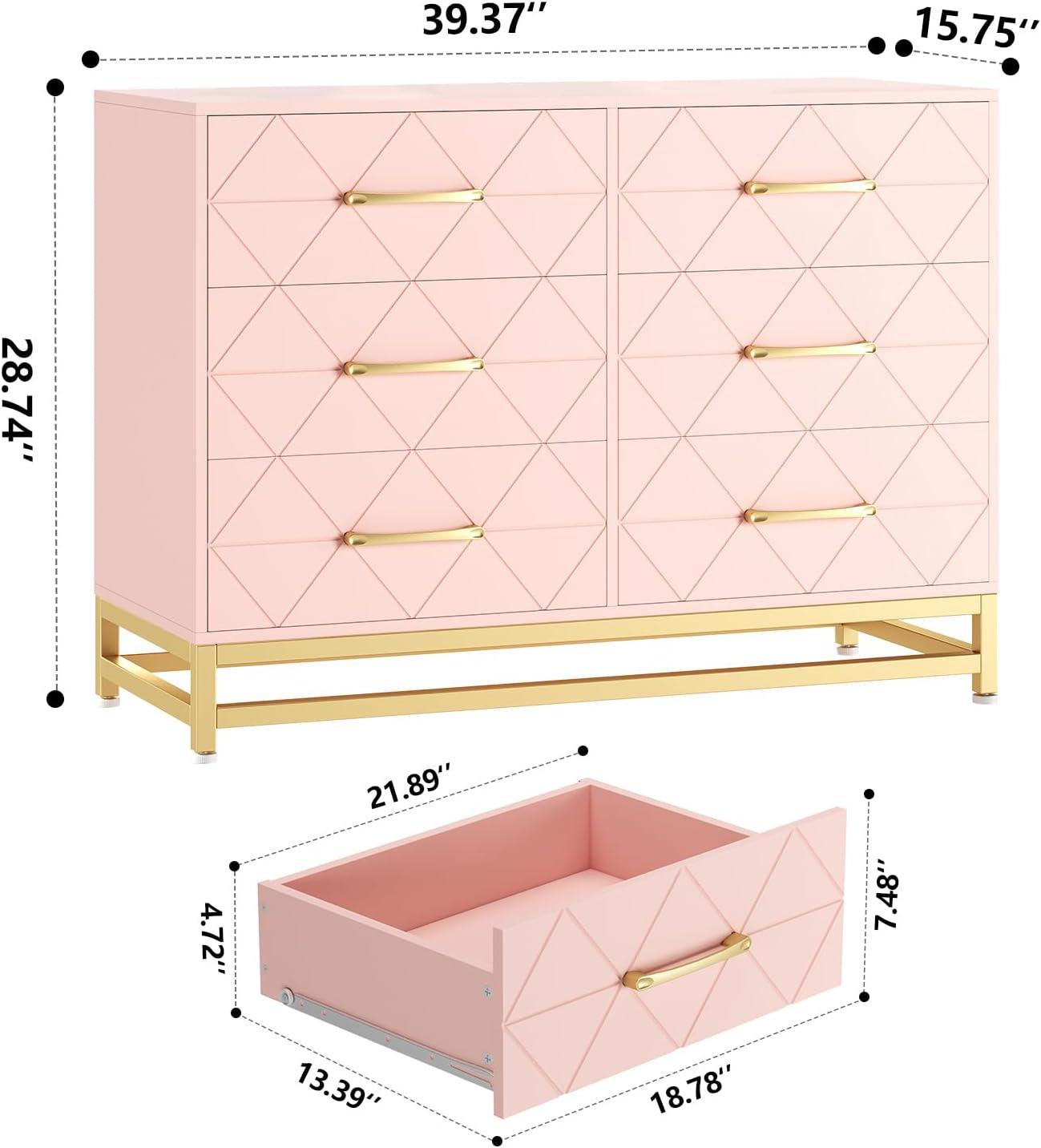 KATIDAP Bedroom Dresser with 6 Drawers, Wooden Dresser for Entryway, Wide Storage Cabinet for Living Room, Pink