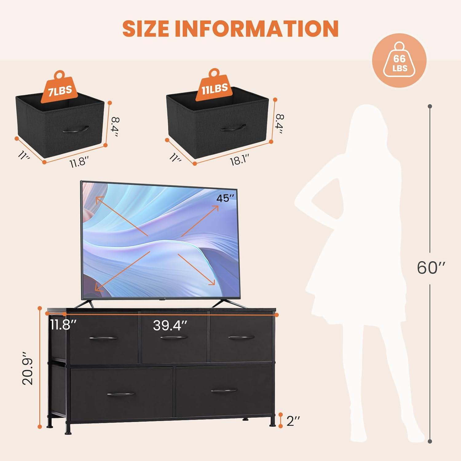 Sweetcrispy Dresser for Bedroom, Wide Chest of Drawers, Fabric Dresser Organizer with 5 Drawers, TV Stand, Storage Organizer Unit with Fabric Bins for Closet, Living Room, Hallway