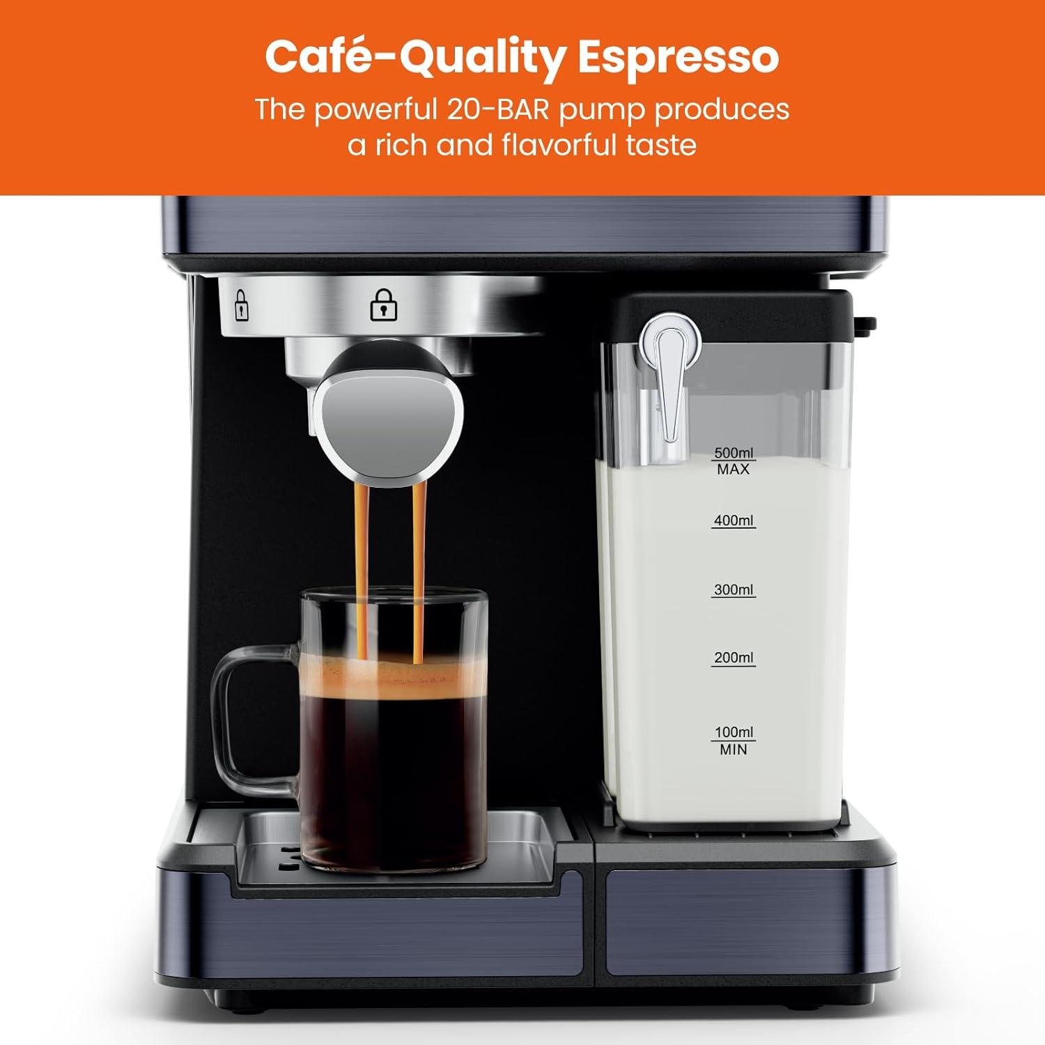 Chefman Barista Pro Plus Espresso Machine w/ Milk Frother, 20 Bar Pump, Black Stainless Steel