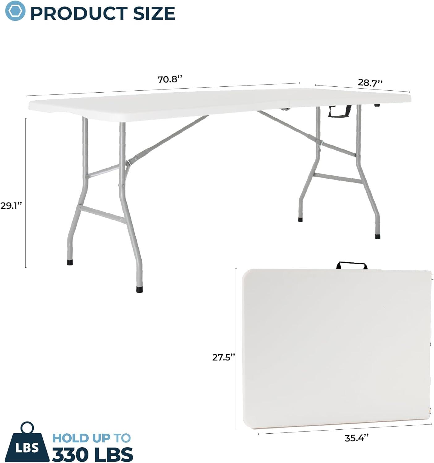 Plainsity 6ft Plastic Folding Table - Portable, Foldable, Heavy Duty Dining Table for Parties, Weddings, BBQs, Camping, Backyard Events - Indoor/Outdoor Utility Table with Carrying Handle White