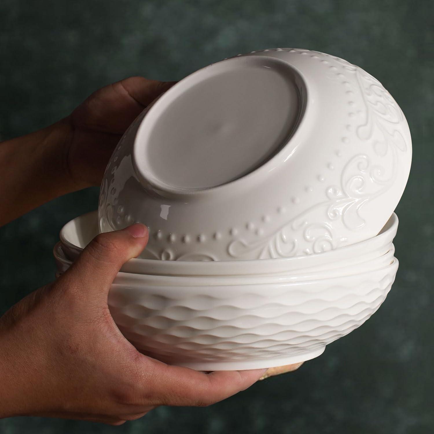Artena Pasta Bowls 32oz, Ceramic Large Salad Bowls 8 inch, White Embossed Soup Bowl Set of 4 for Serving, Entertaining, Dinner Spaghetti, Wide Shallow, Microwave Dishwasher Oven Safe