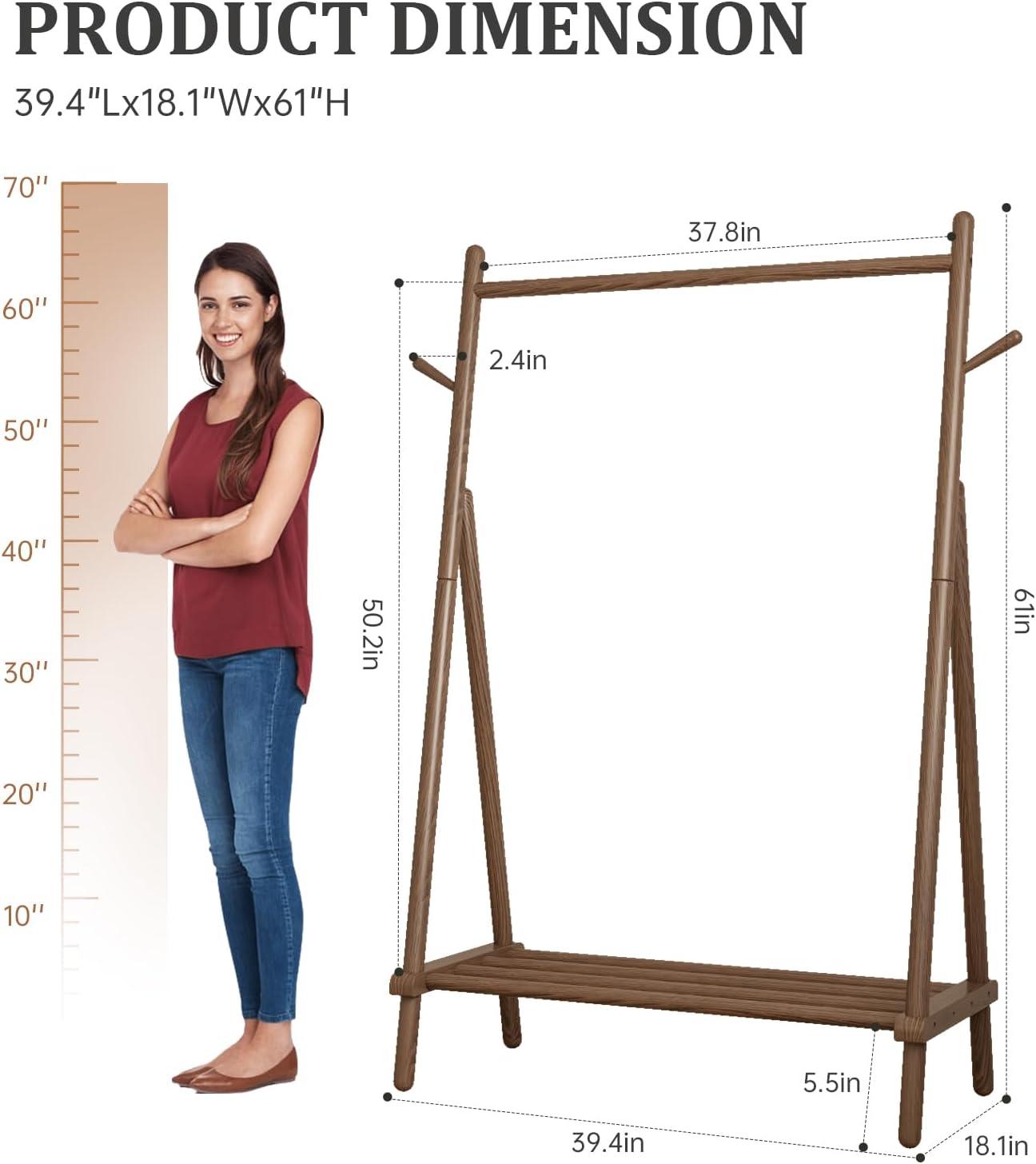 Walnut Rubberwood Portable Clothes Rack with Shelf and Hooks