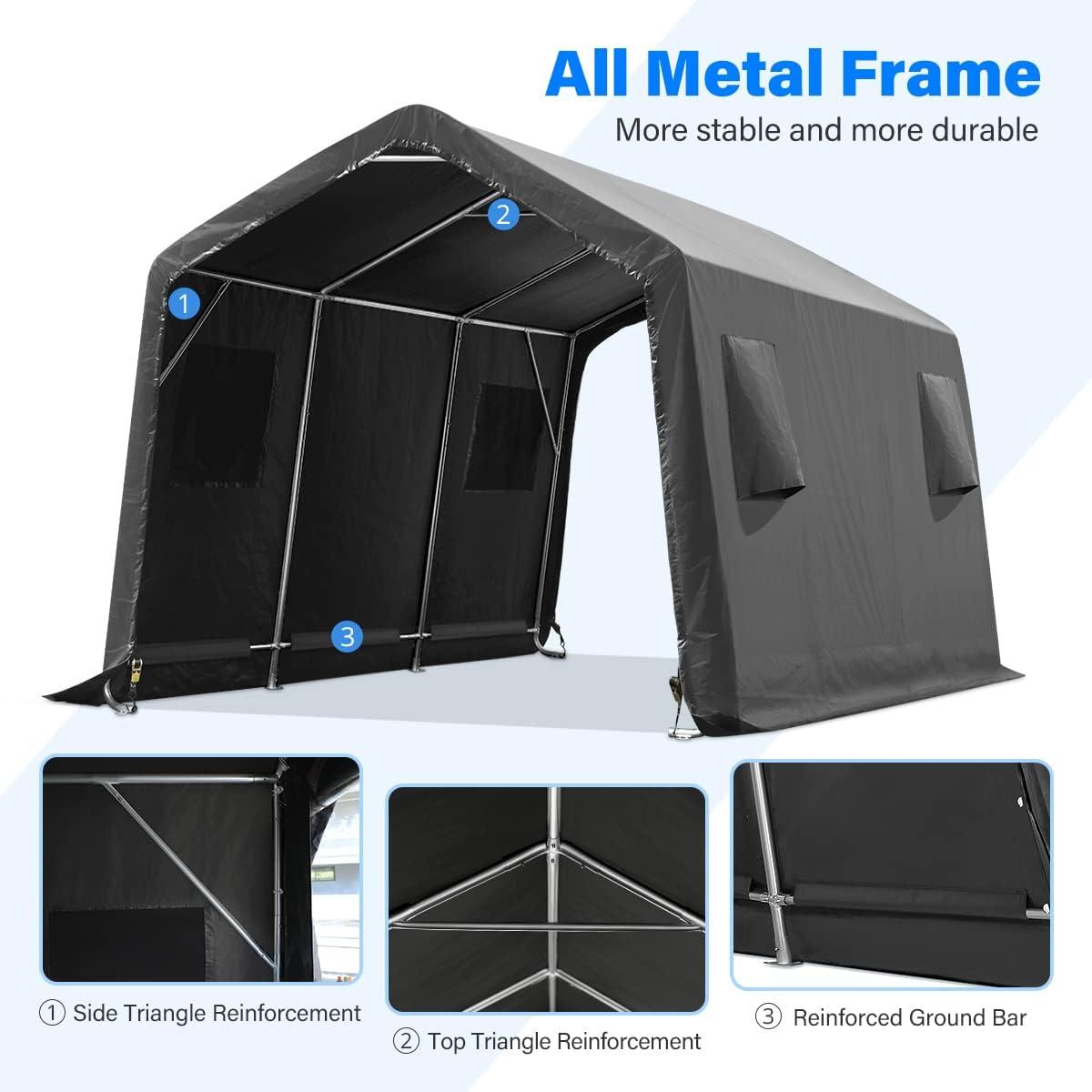 ADVANCE OUTDOOR 10x15 ft Outdoor Storage Shelter Shed with 2 Roll up Zipper Doors & Vents Peak Roof Carport for Motorcycle Waterproof and UV Resistant Anti-Snow, Gray