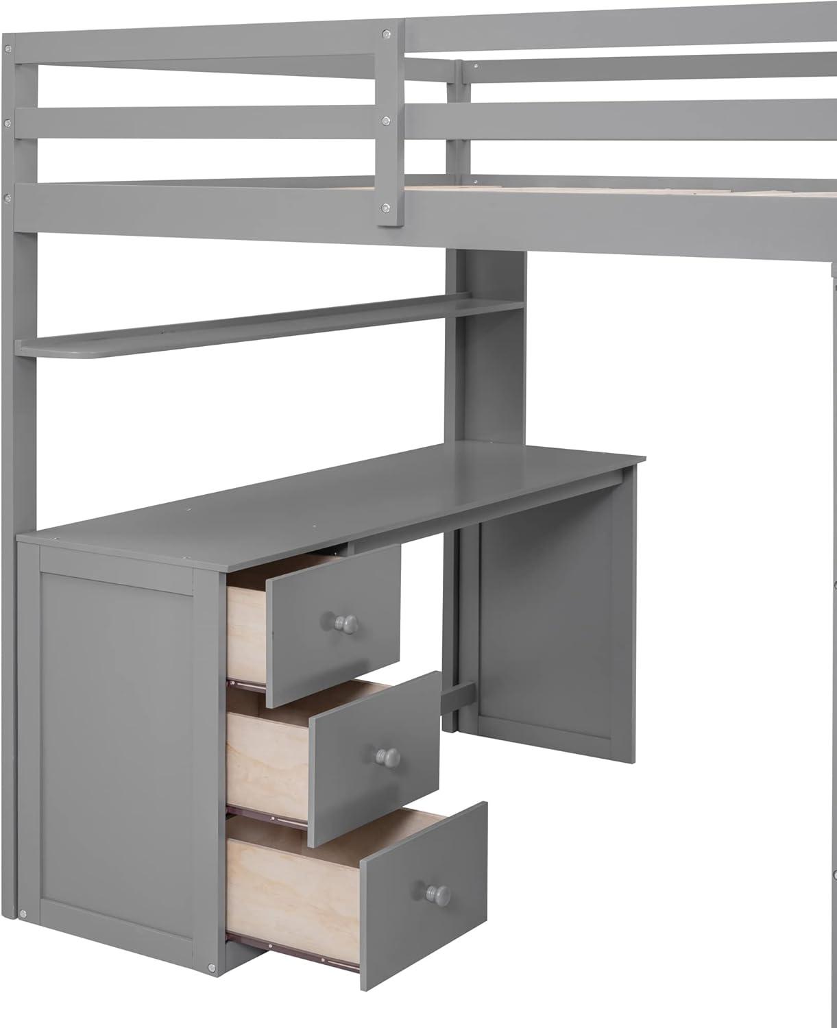 Loft Bed Full Size Adult, Wooden Frame with Desk and Wardrobe, Storage Design with Drawers & Shelf, for Teen Girls & Boys (Gray)