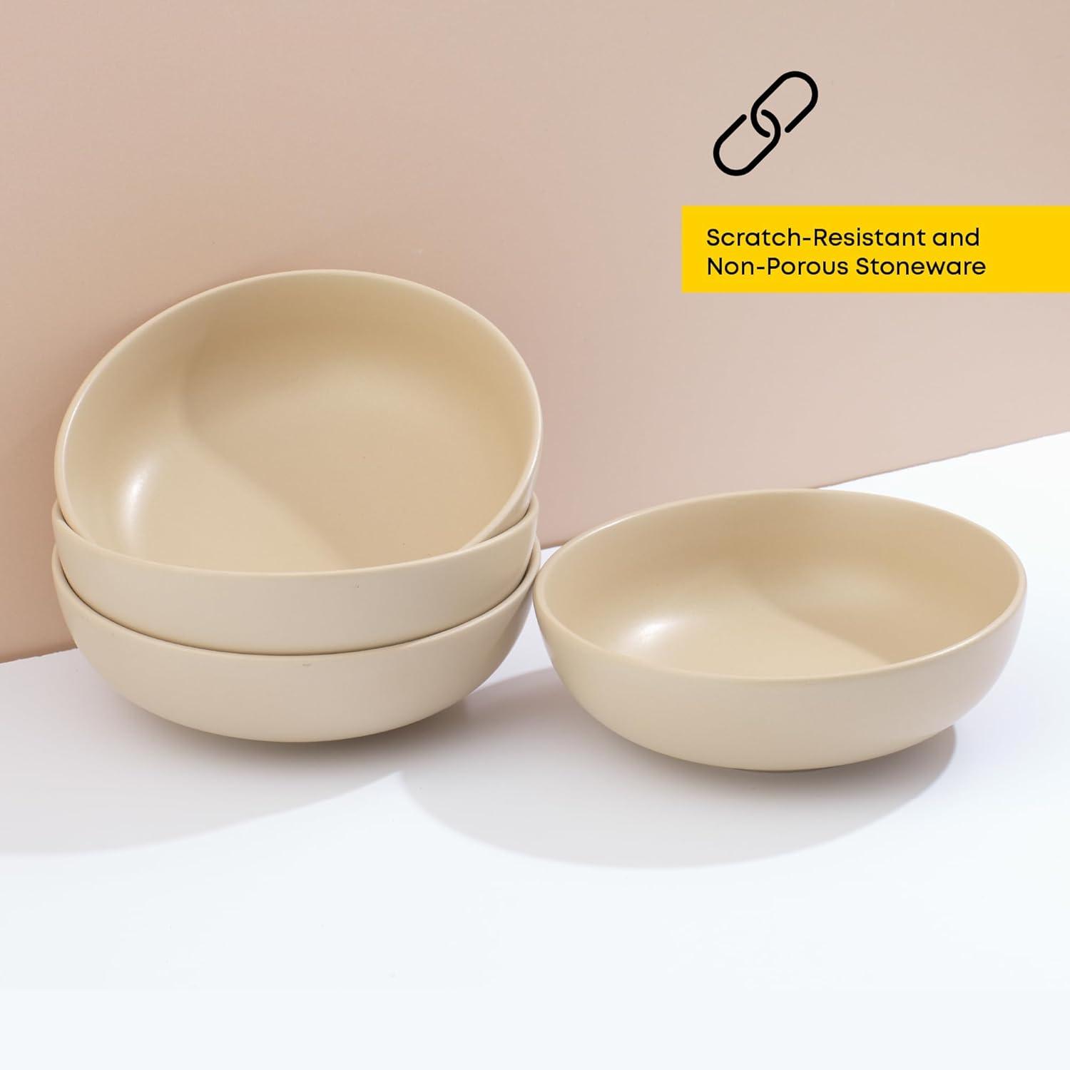 JoyJolt Mesa 4-Piece Stoneware Pasta Bowls Set – 30oz – Matte Beige