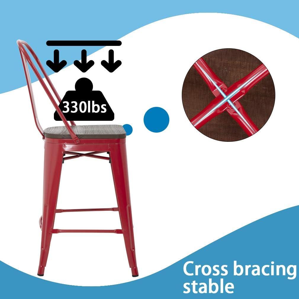 YRLLENSDAN Modern Bar Stool Set of 4 Counter Height Barstool with Back 24 Inches Seat Height Industrial Bar Chairs Indoor Outdoor Metal Kitchen Stools Restaurant Patio Stool Stackable, Bronze