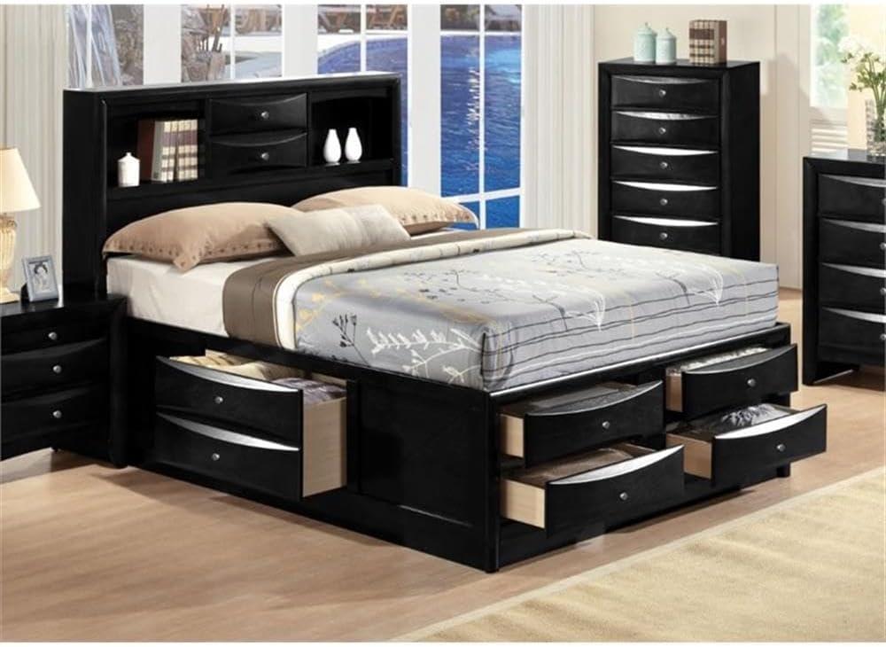 Acme Furniture Ireland Queen Bed with Storage in Black Rubberwood, Multiple Sizes