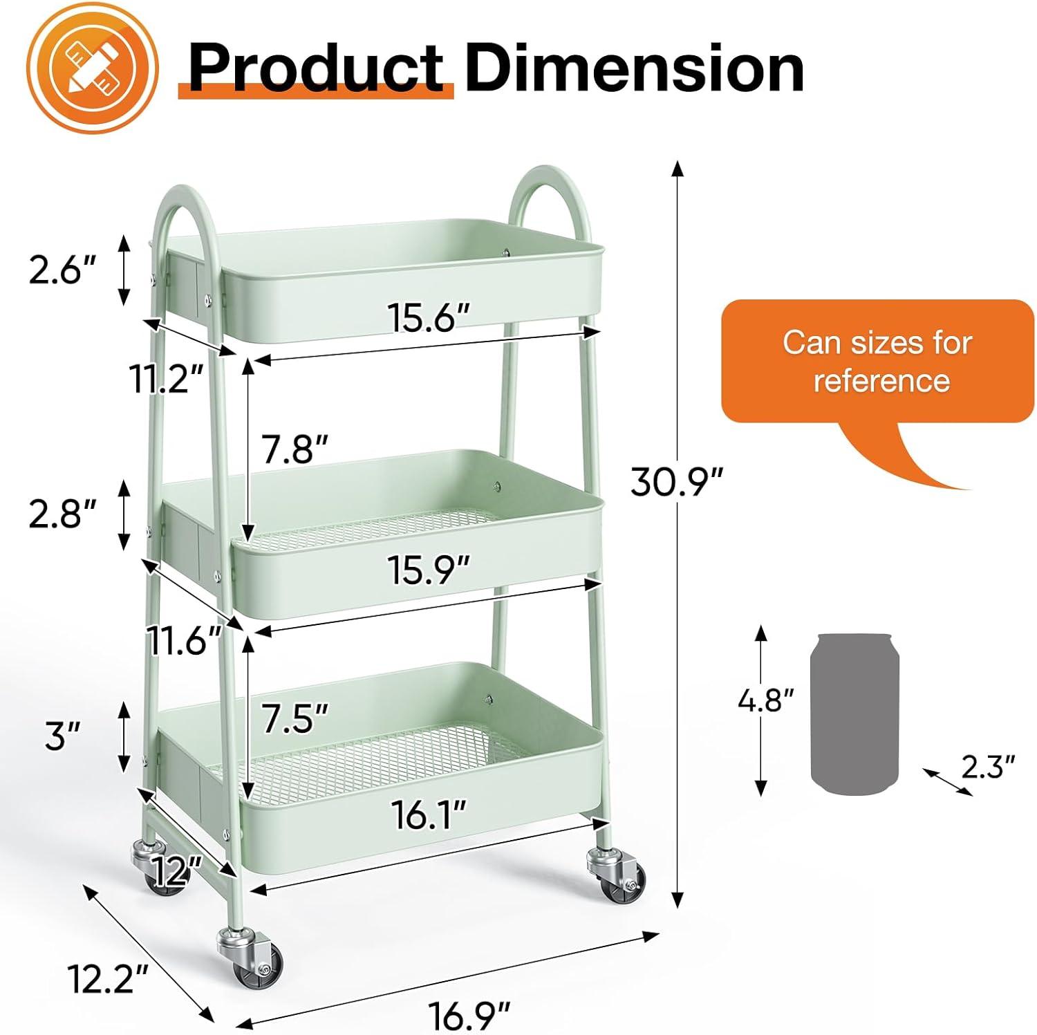 Mint Green Metal 3-Tier Rolling Utility Cart with Wheels