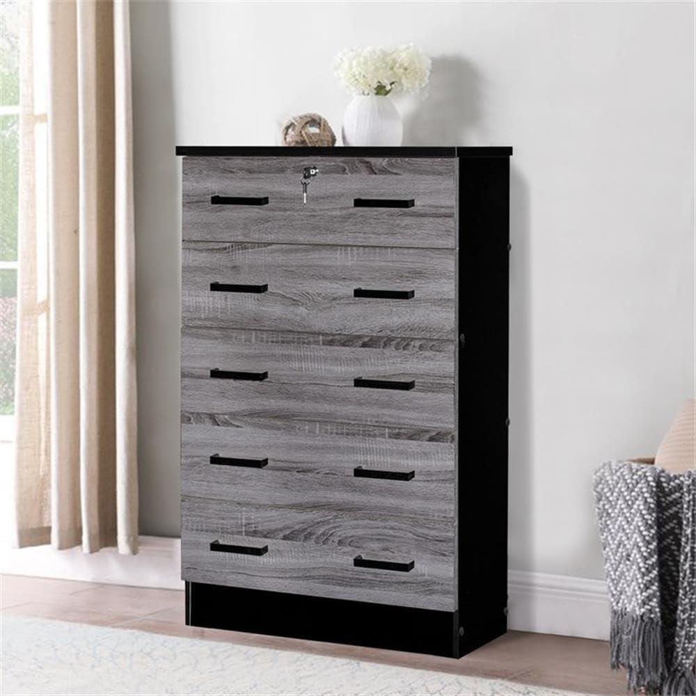 Cindy 5 Drawer Chest Wooden Dresser with Lock, Ebony Black