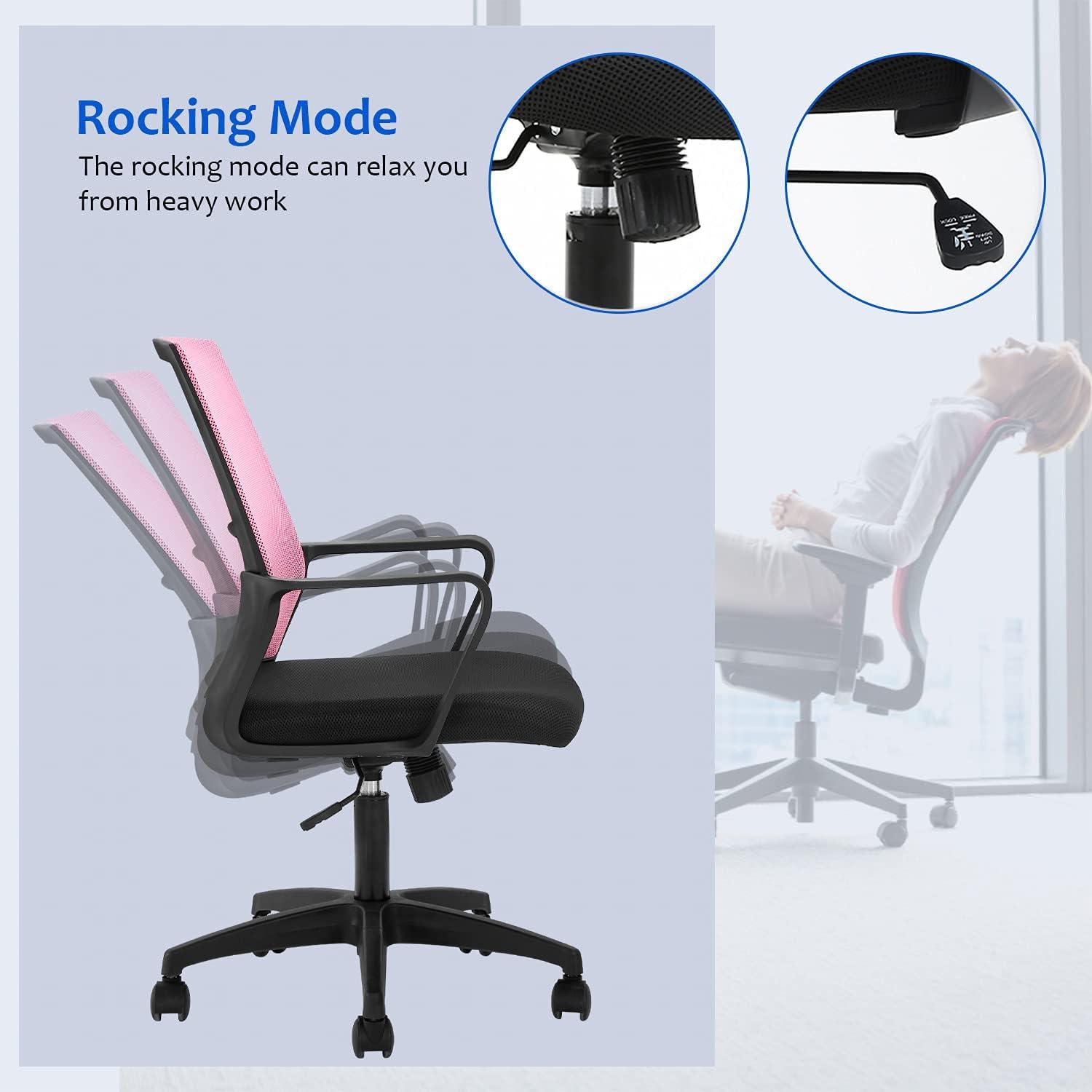 FDW Home Office Chair Mid-Back Mesh Computer Chair Lumbar Support Comfortable Executive Adjustable Chair with Armrests,Pink
