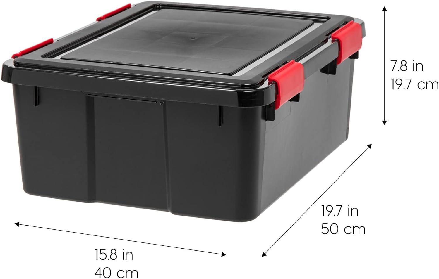 Black and Red Stackable WeatherPro Plastic Storage Bins with Lids, 19.7 in