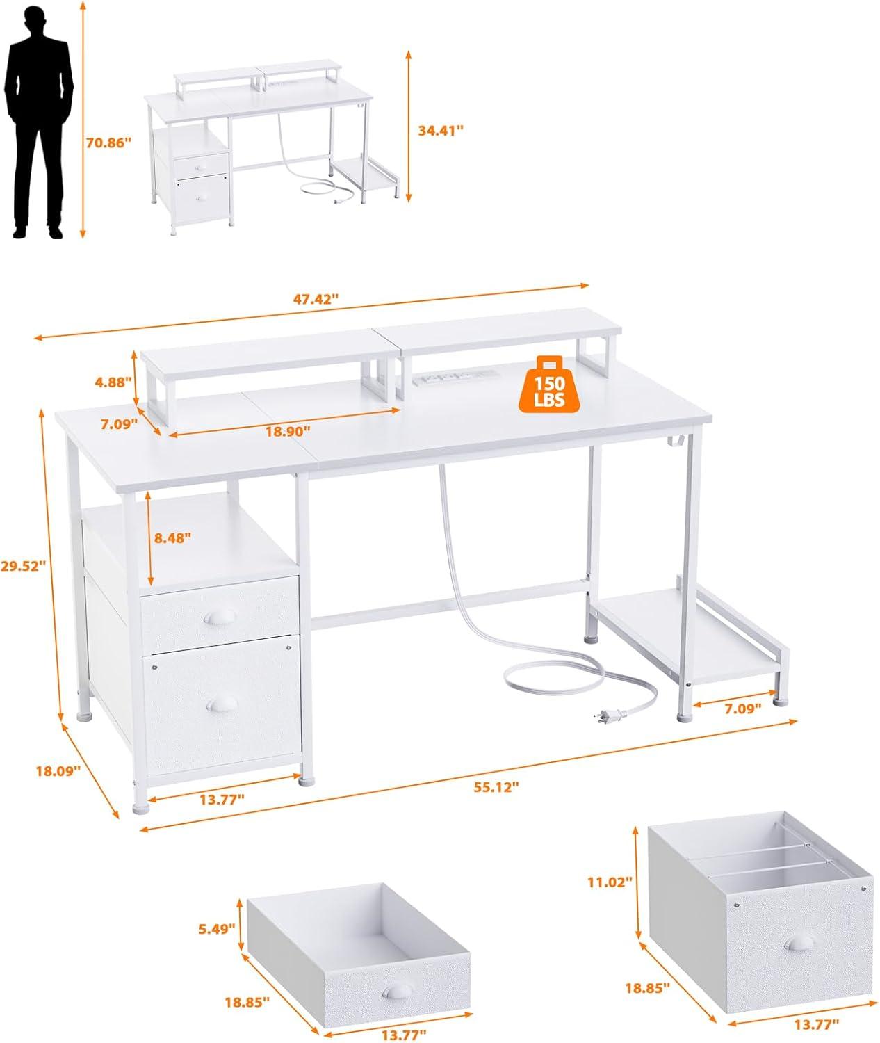 Furologee White 47" Computer Desk with Drawer & Power Outlets, Office Desk with 2 Monitor Stands & Fabric File Cabinet, Writing Gaming Table with Shelves & 2 Hooks for Home Office