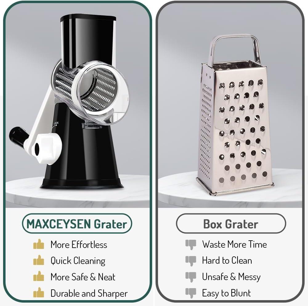 KEOUKE Rotary Cheese Grater with Handle - 3 Changeable Blades for Cheese, Vegetables, Nuts - Black